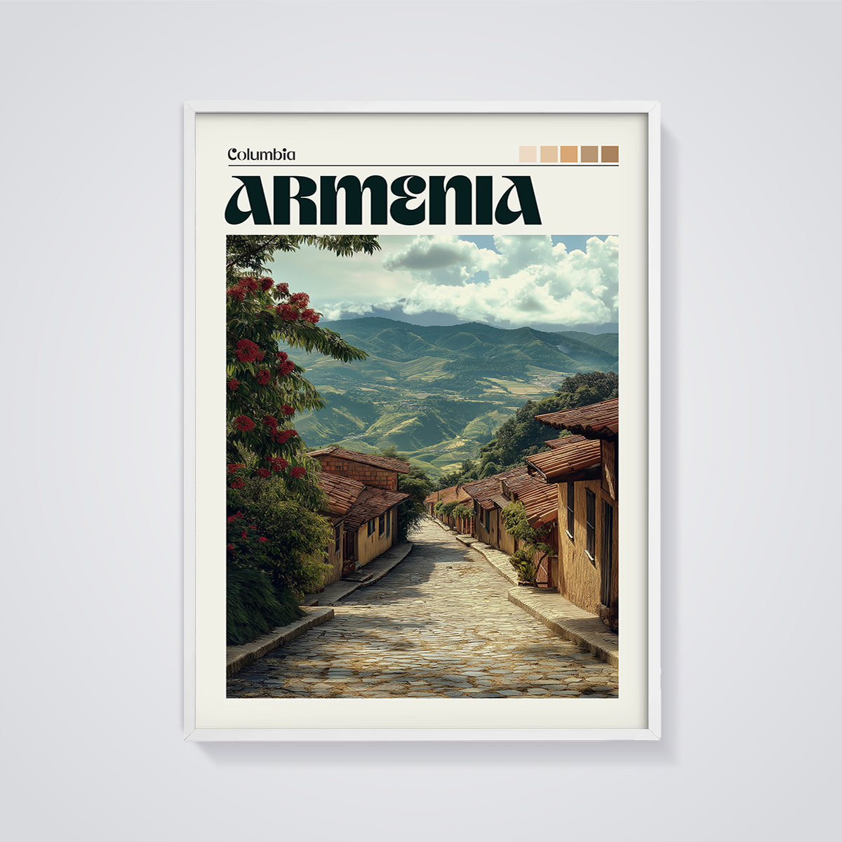 Armenia Colombia Street View Print framed in white on a grey background