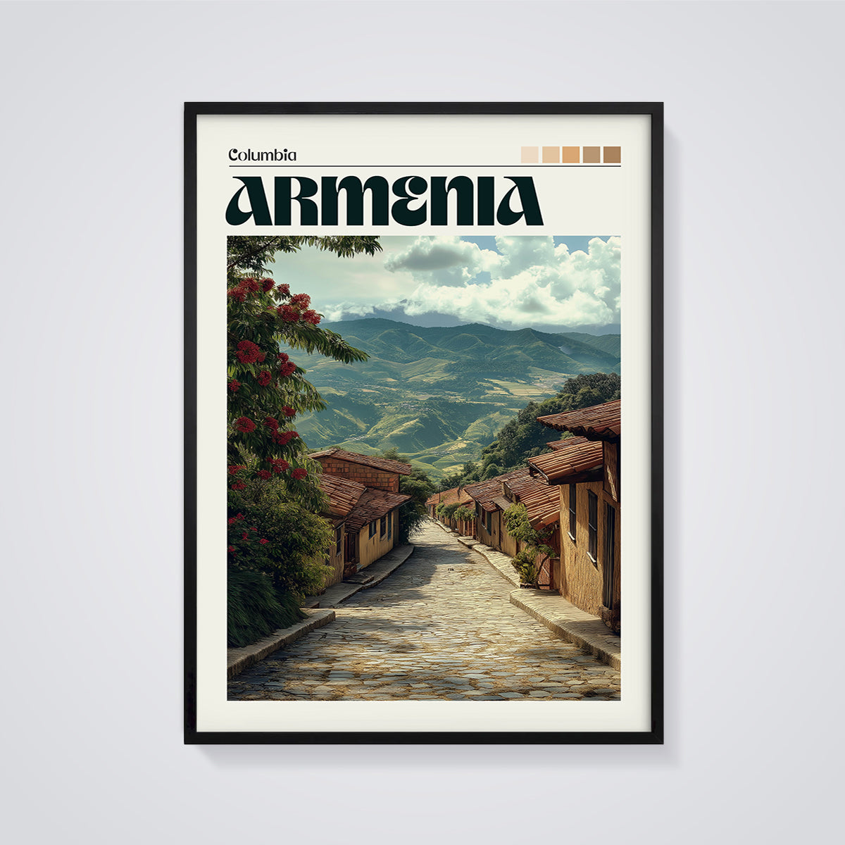 Armenia Colombia Street View Print framed in black on a grey background