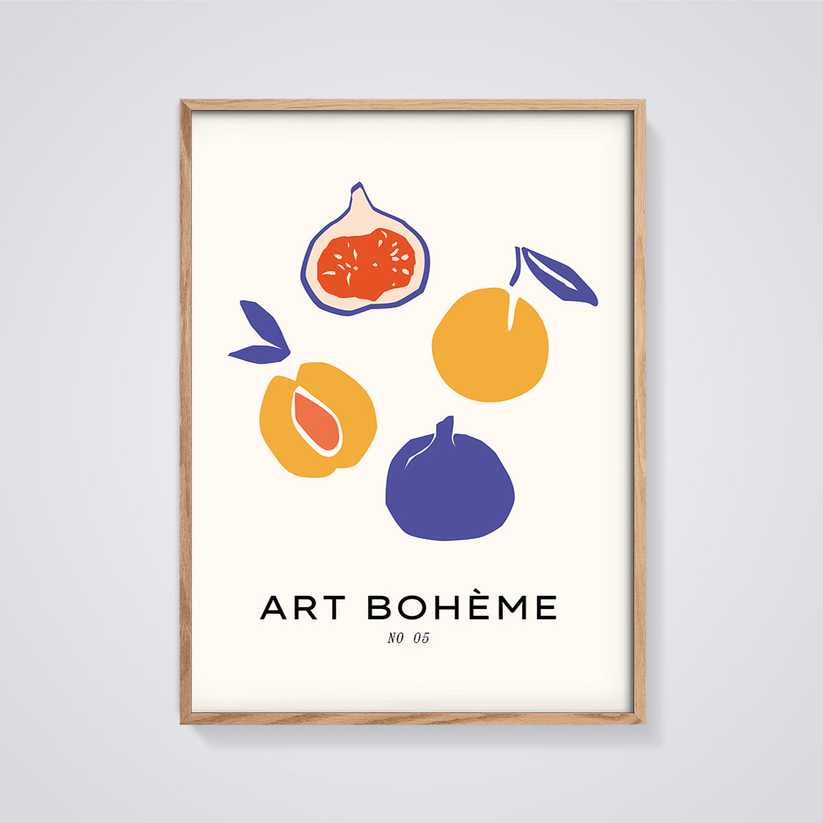 Art Bohème Fig & Peach Print framed in oak on a grey background