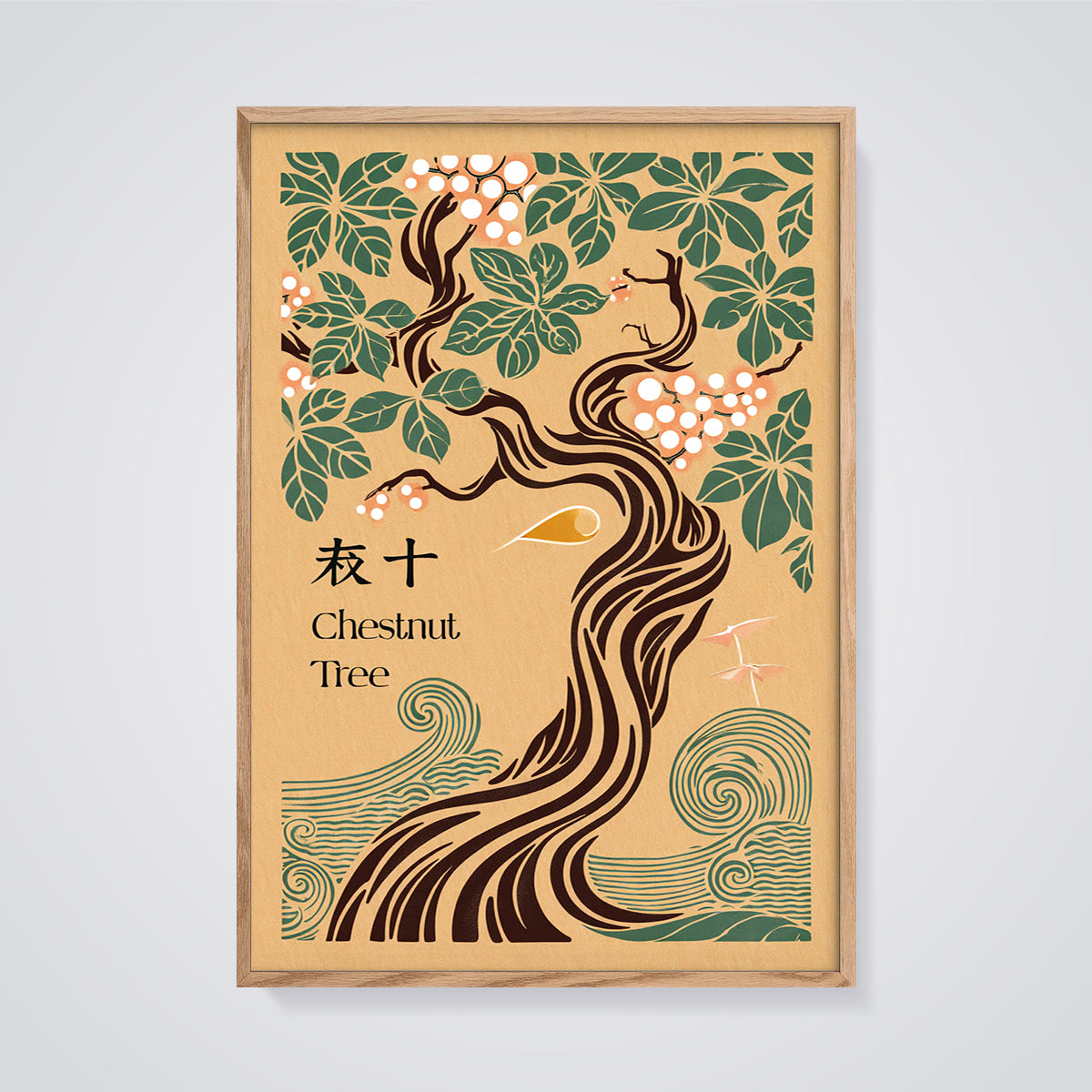 Art Nouveau Chestnut Tree Print framed in oak on a grey background