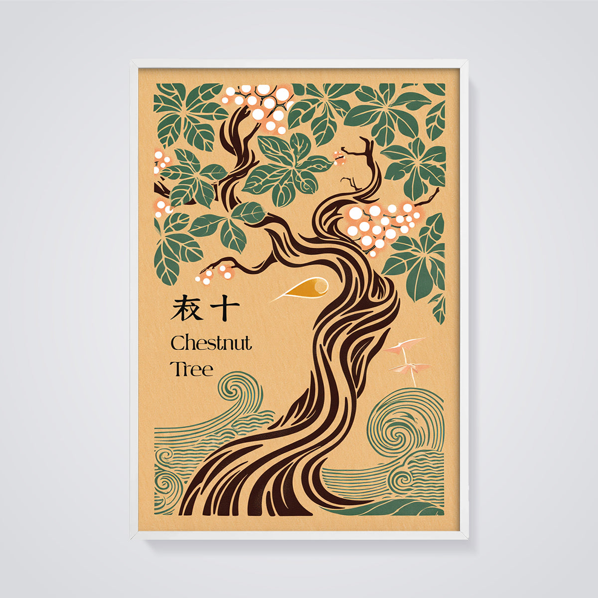 Art Nouveau Chestnut Tree Print framed in white on a grey background