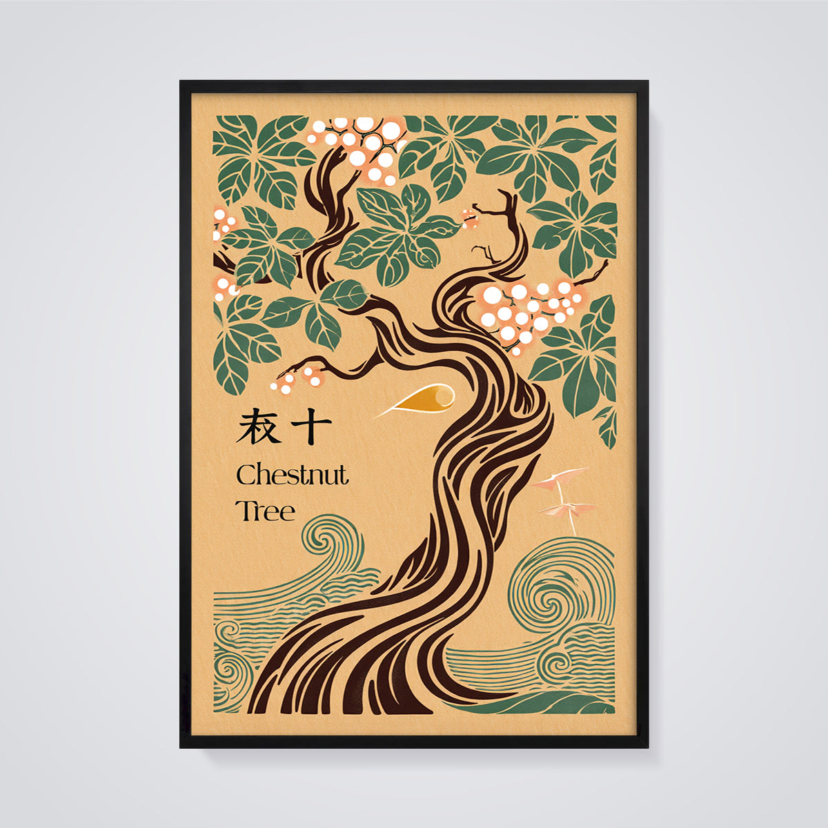 Art Nouveau Chestnut Tree Print framed in black on a grey background