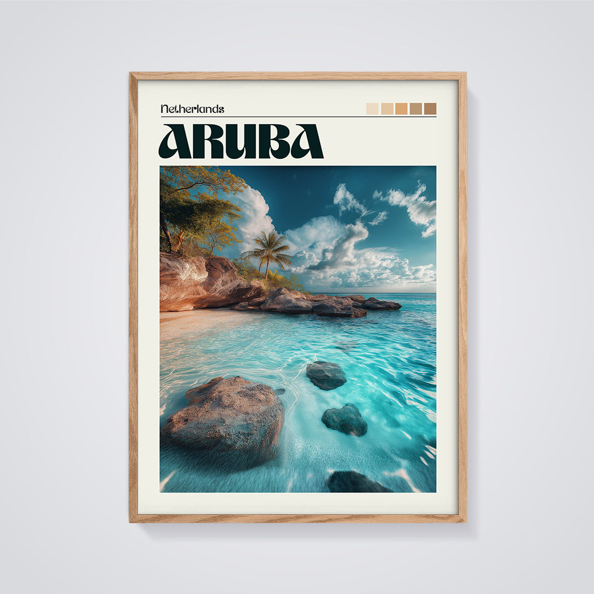 Aruba Beach Oasis Print framed in oak on a grey background