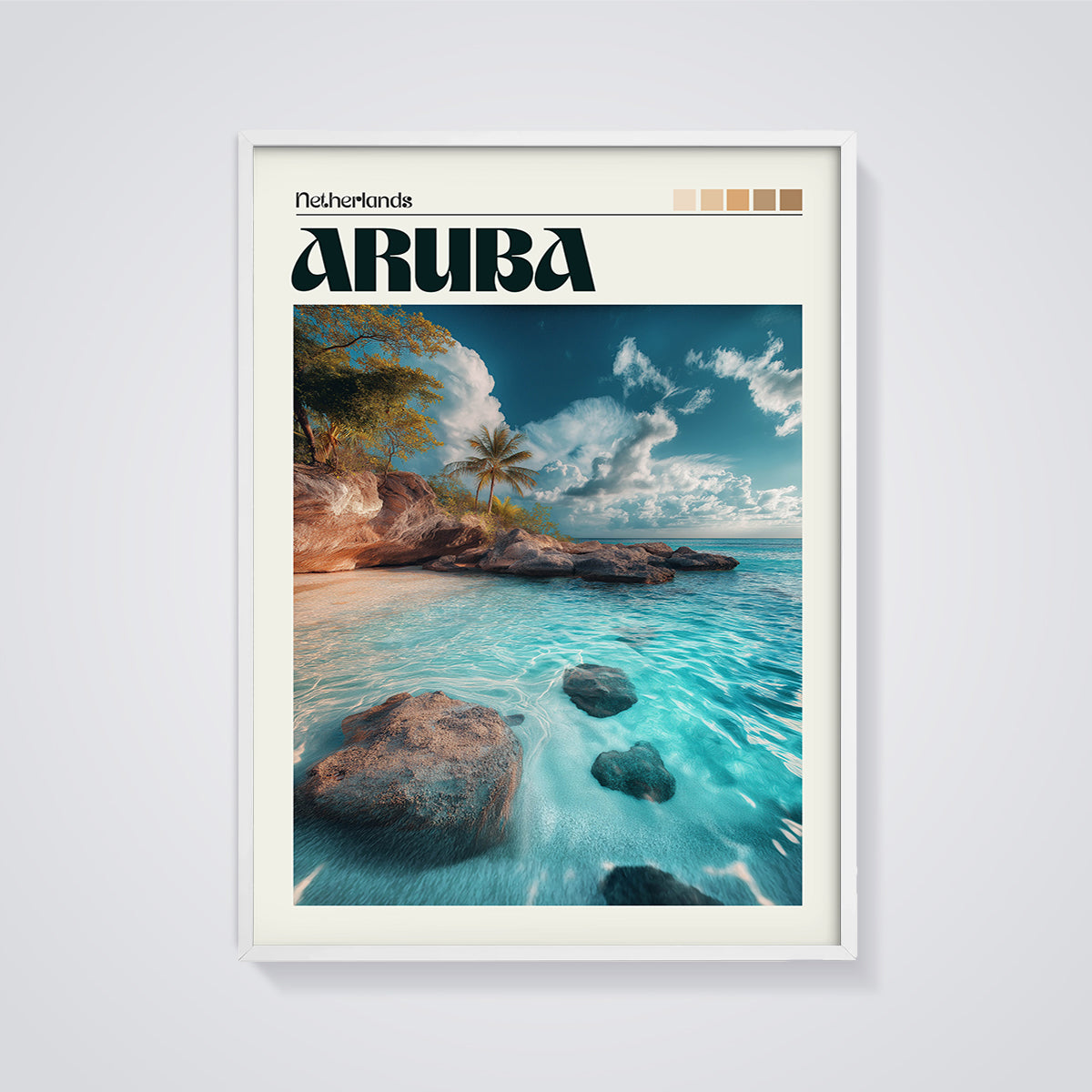 Aruba Beach Oasis Print framed in white on a grey background