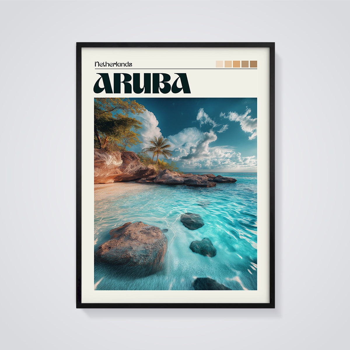 Aruba Beach Oasis Print framed in black on a grey background
