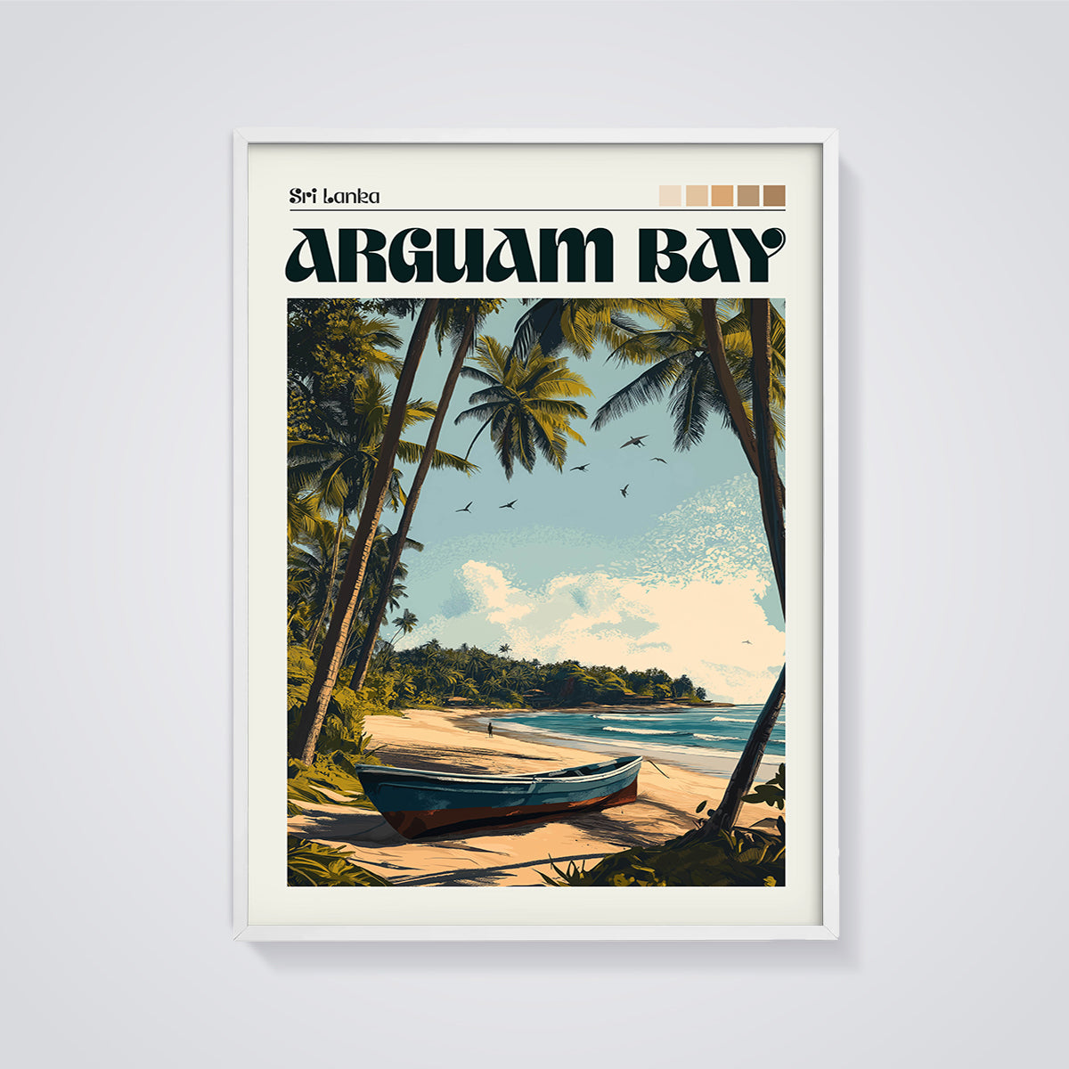 Arugam Bay Sri Lanka Beach Print framed in white on a grey background