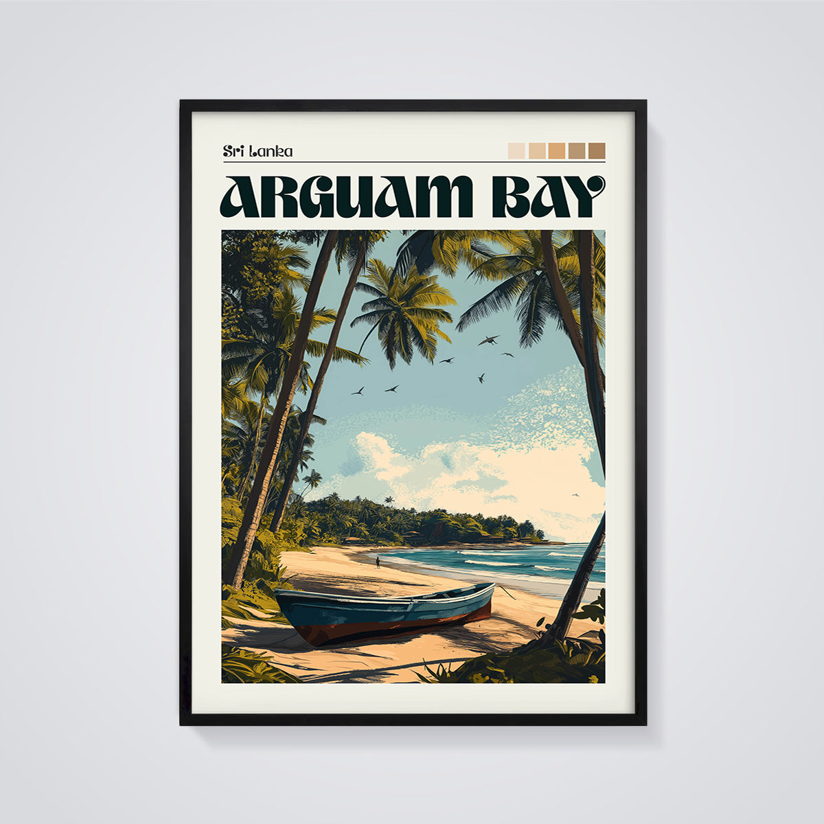 Arugam Bay Sri Lanka Beach Print framed in black on a grey background