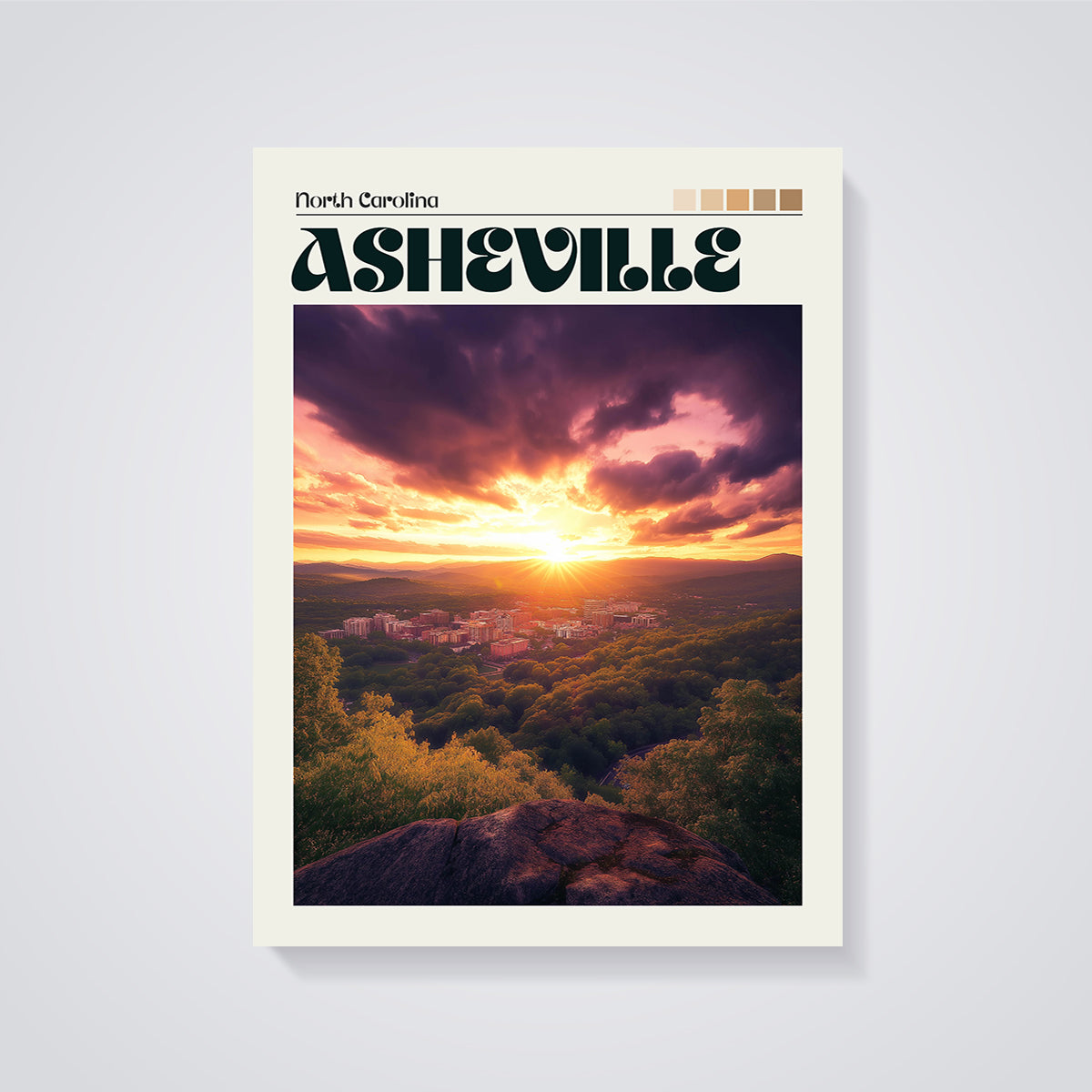 Asheville Sunset Cityscape Print unframed on a grey background