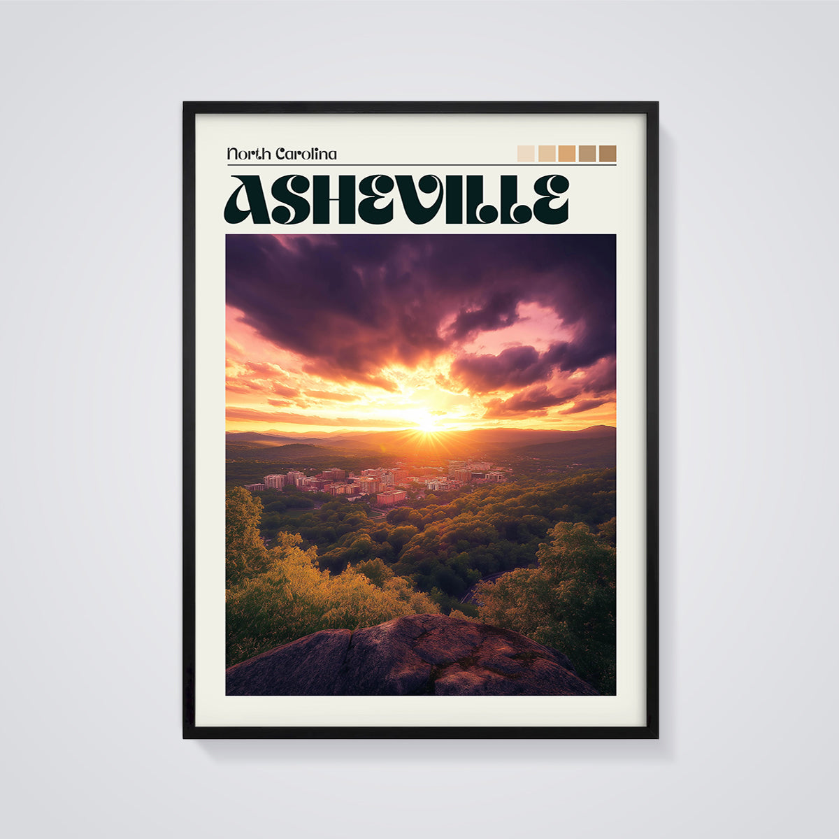 Asheville Sunset Cityscape Print framed in black on a grey background
