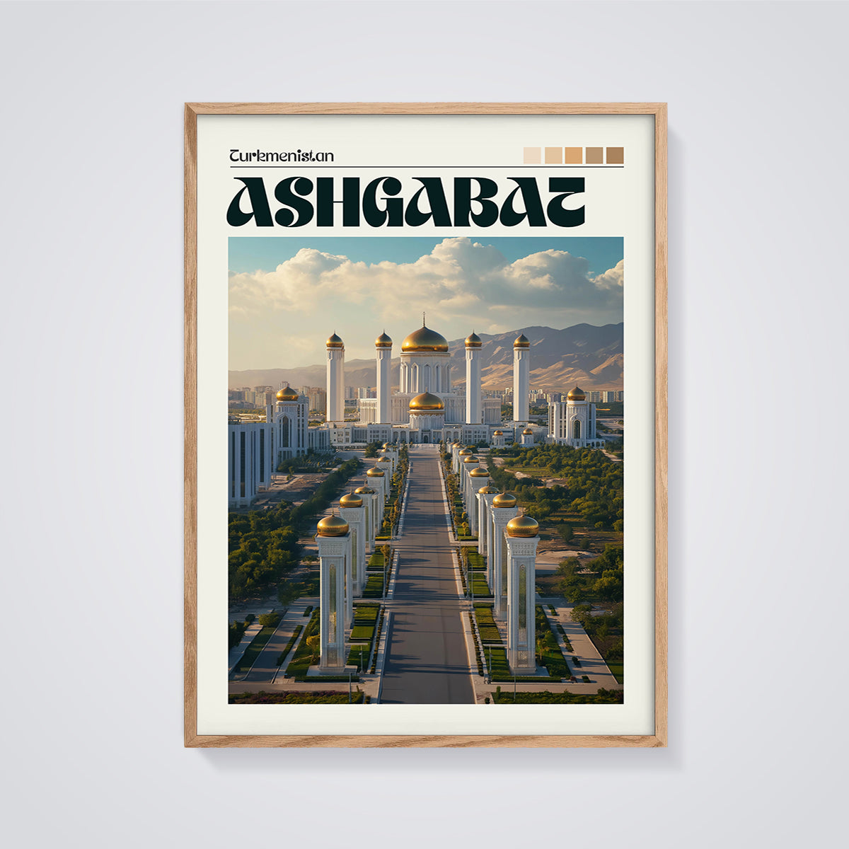 Ashgabat Golden Domes Print framed in oak on a grey background