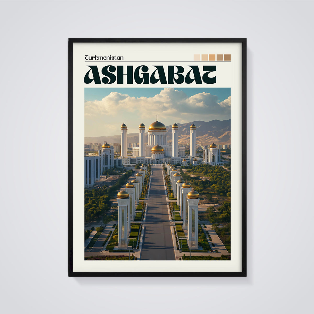 Ashgabat Golden Domes Print framed in black on a grey background