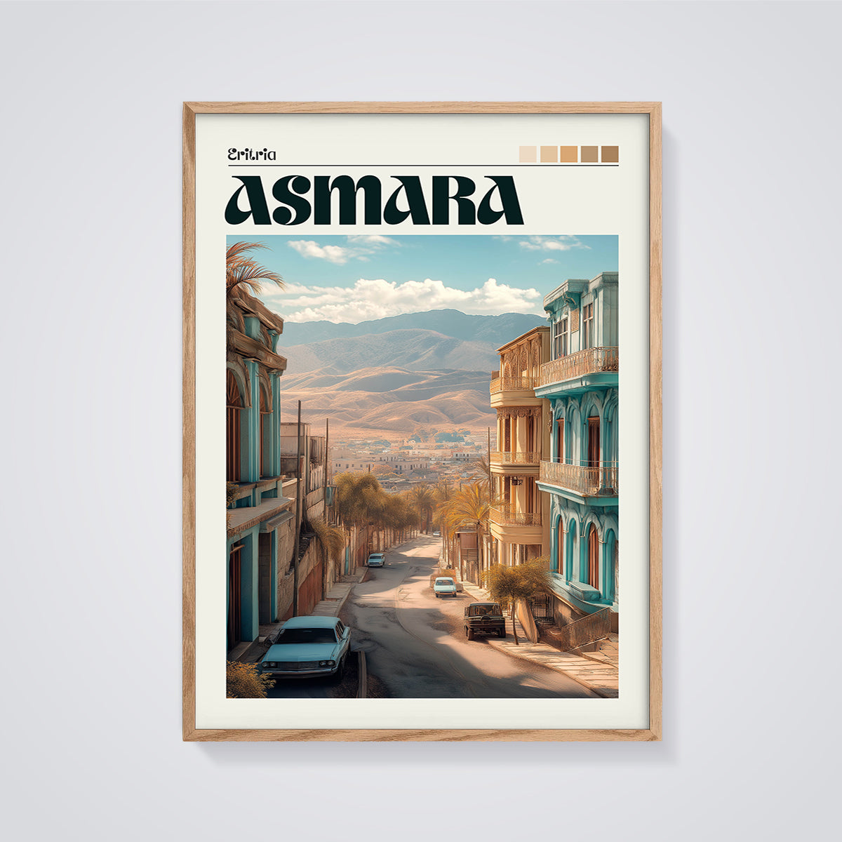 Asmara Street View Print framed in oak on a grey background