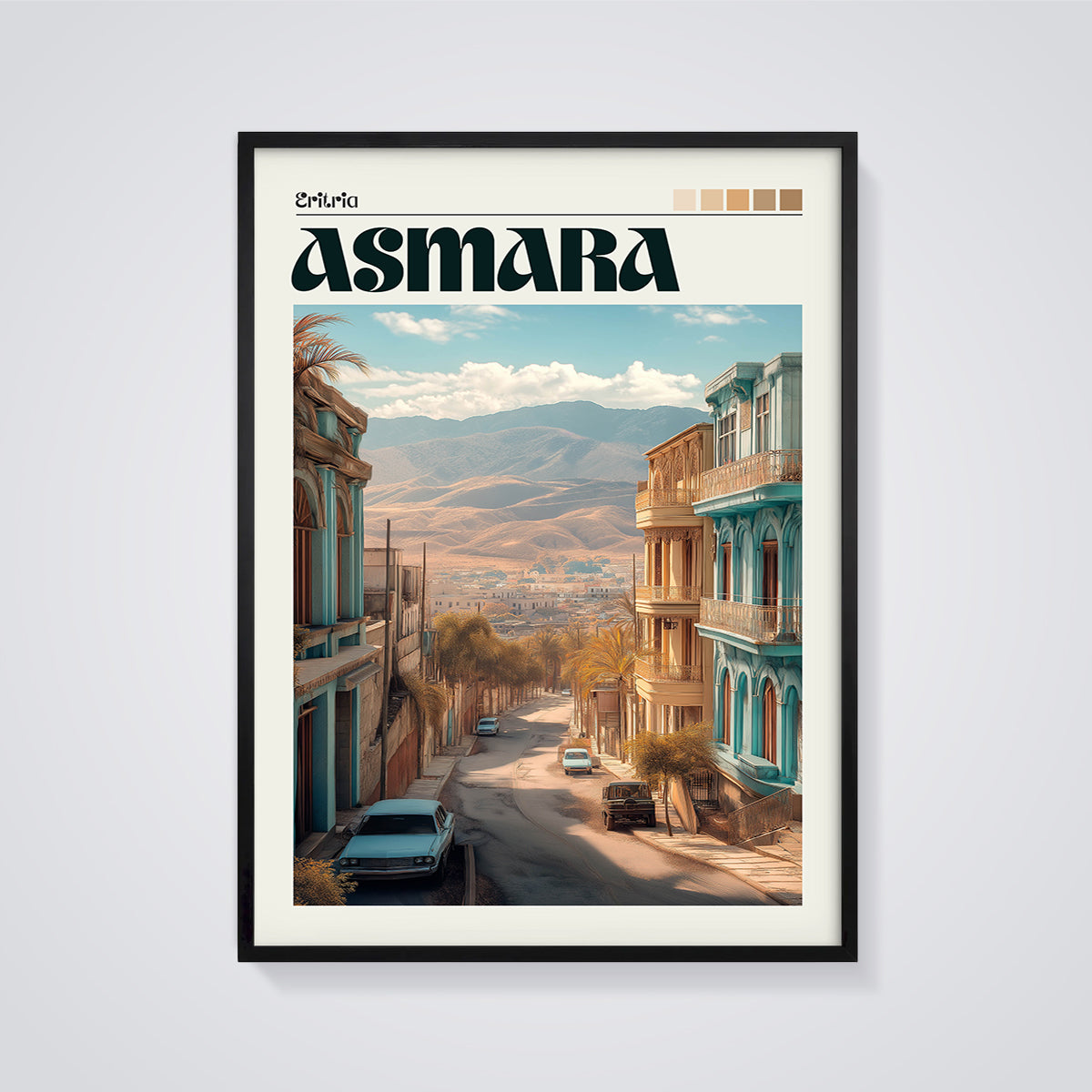Asmara Street View Print framed in black on a grey background