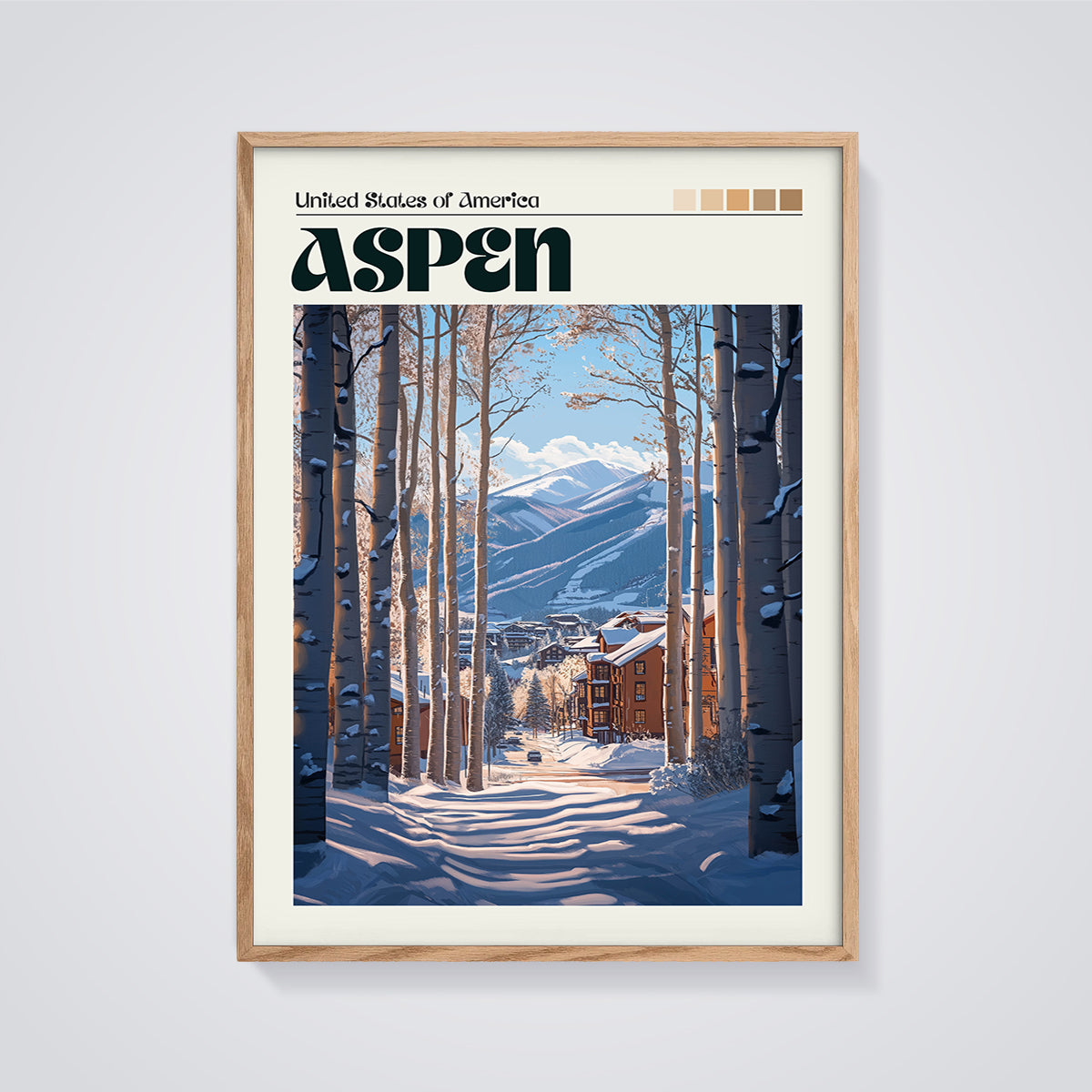 Aspen Winter Resort Print framed in oak on a grey background