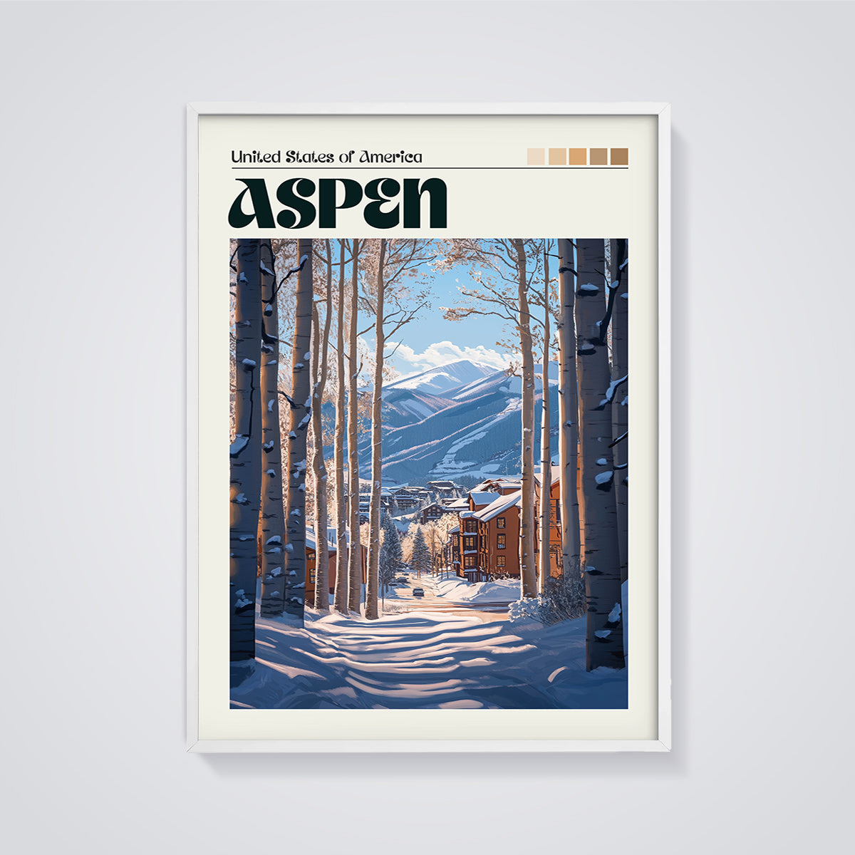 Aspen Winter Resort Print framed in white on a grey background