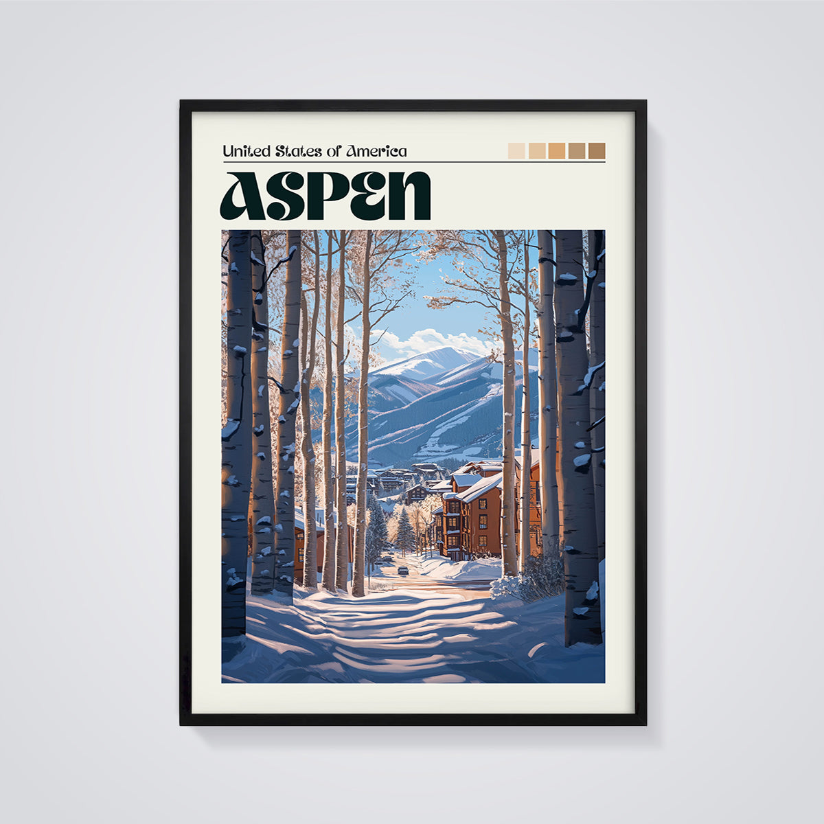 Aspen Winter Resort Print framed in black on a grey background