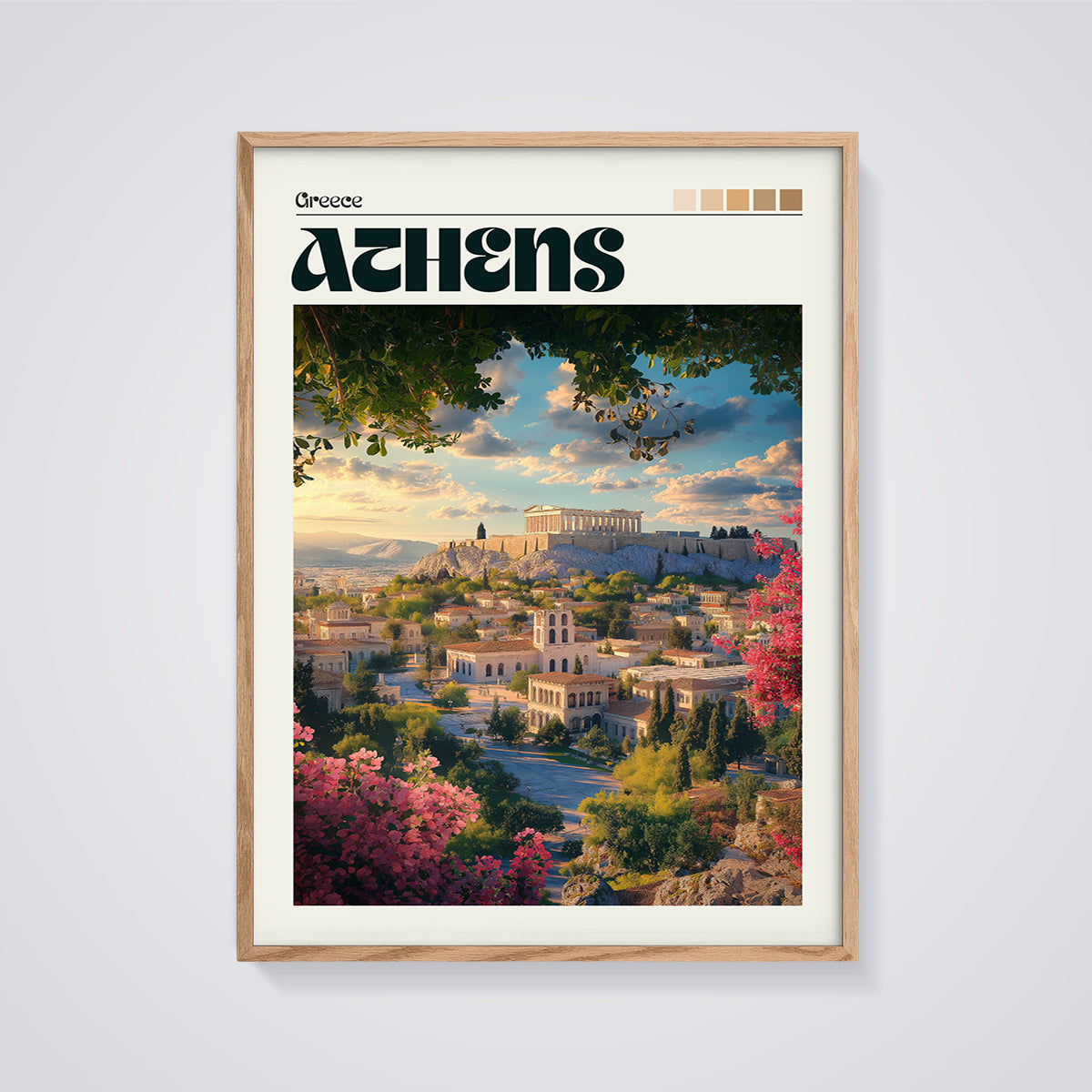 Athens Greece Travel Print framed in oak on a grey background