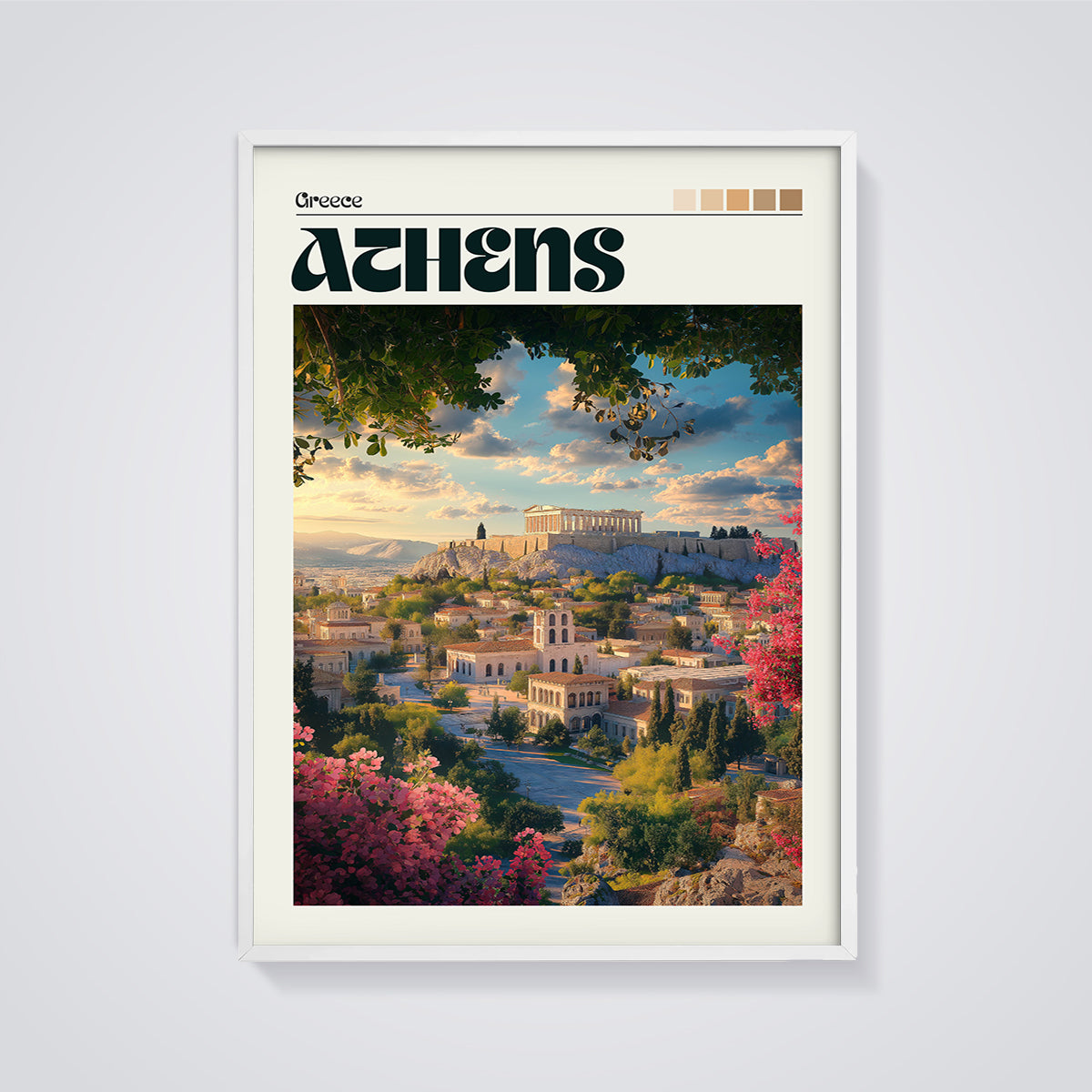 Athens Greece Travel Print framed in white on a grey background