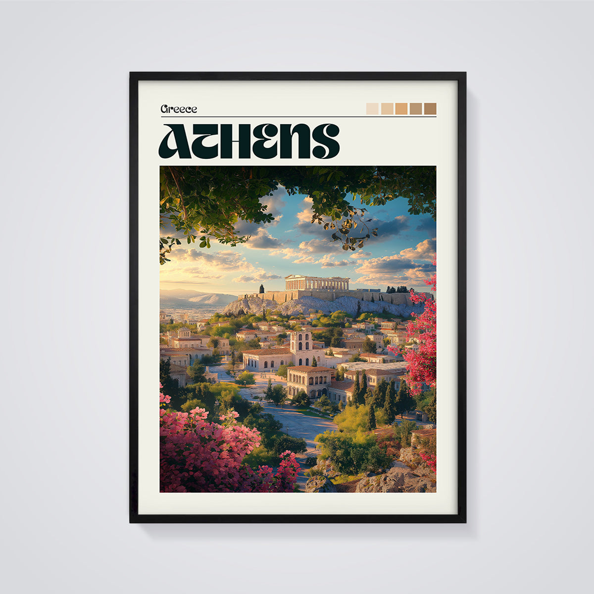 Athens Greece Travel Print framed in black on a grey background
