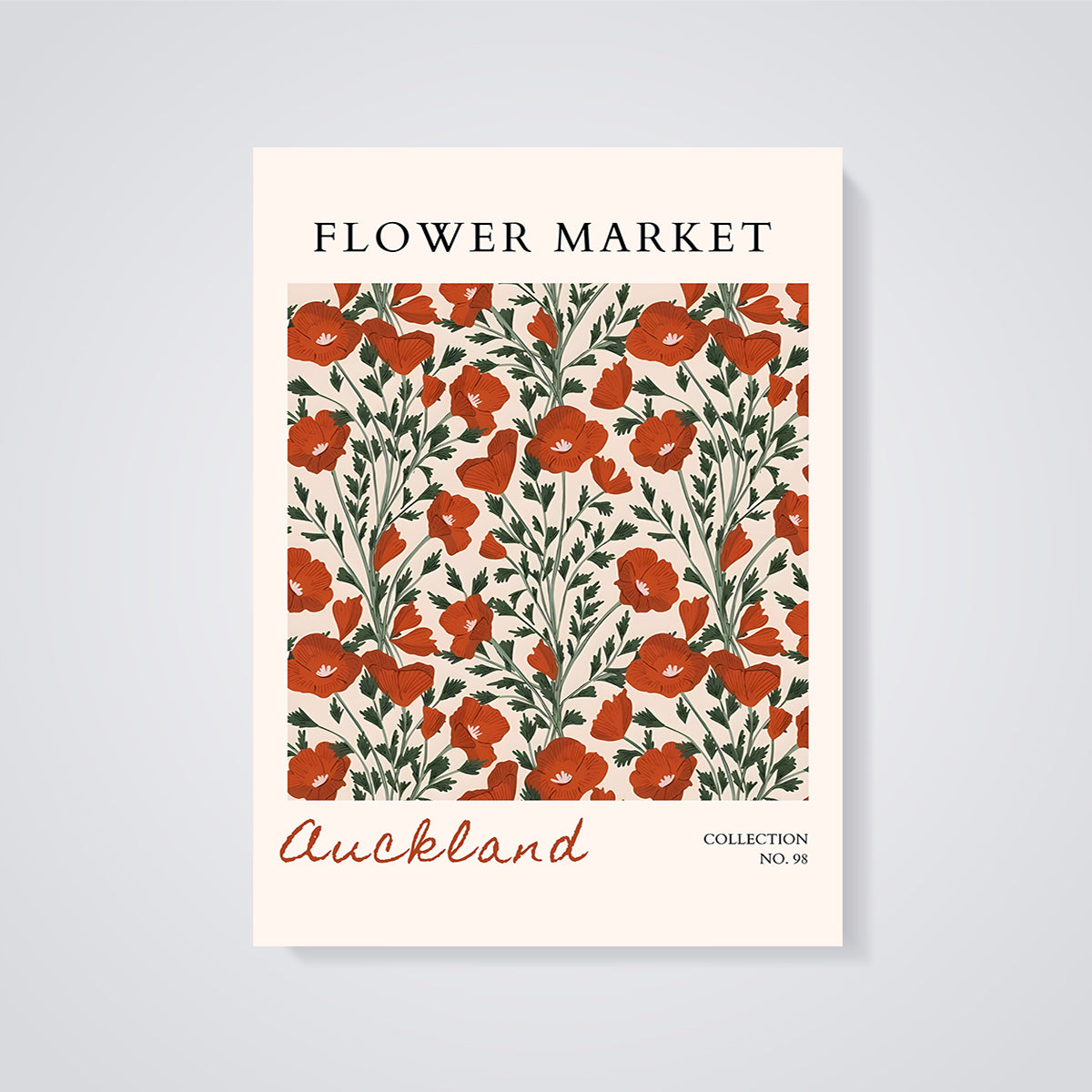 Auckland Flower Market Poppy Print unframed on a grey background