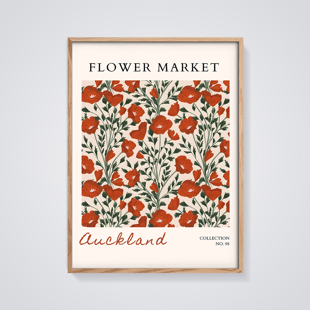Auckland Flower Market Poppy Print framed in oak on a grey background