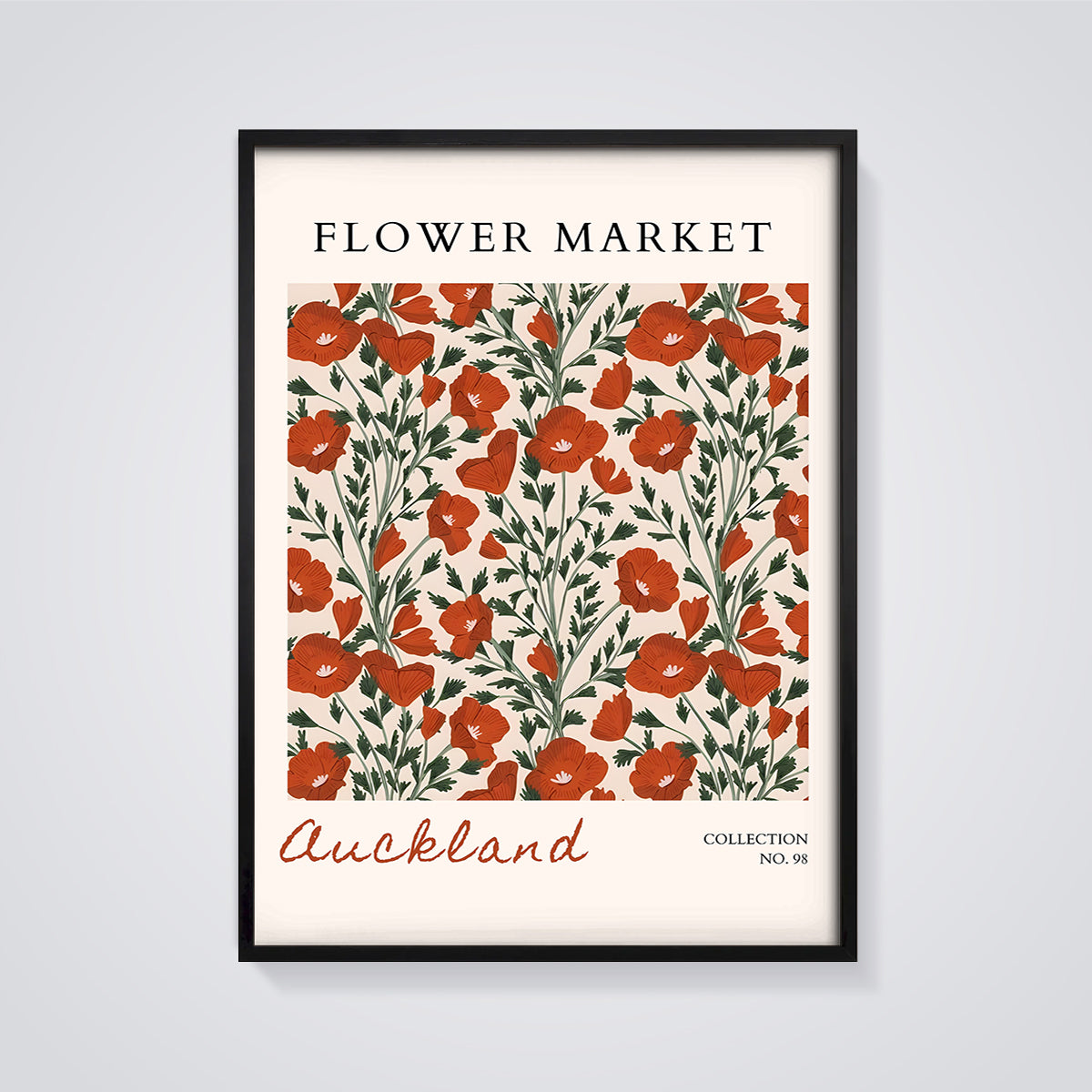 Auckland Flower Market Poppy Print framed in black on a grey background