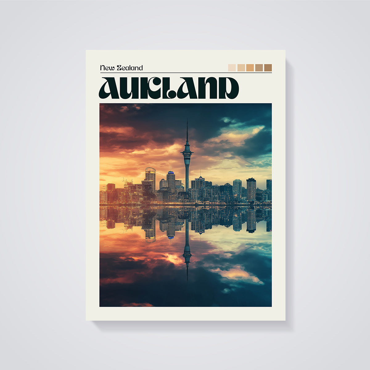 Auckland Sky Tower Reflection Print unframed on a grey background