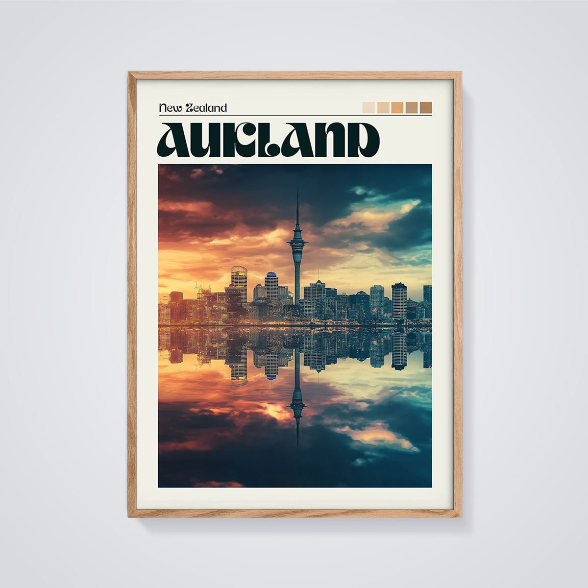Auckland Sky Tower Reflection Print framed in oak on a grey background