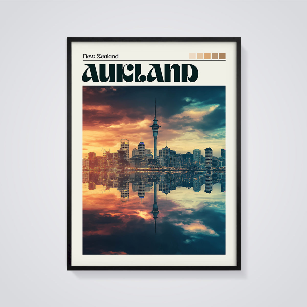 Auckland Sky Tower Reflection Print framed in black on a grey background