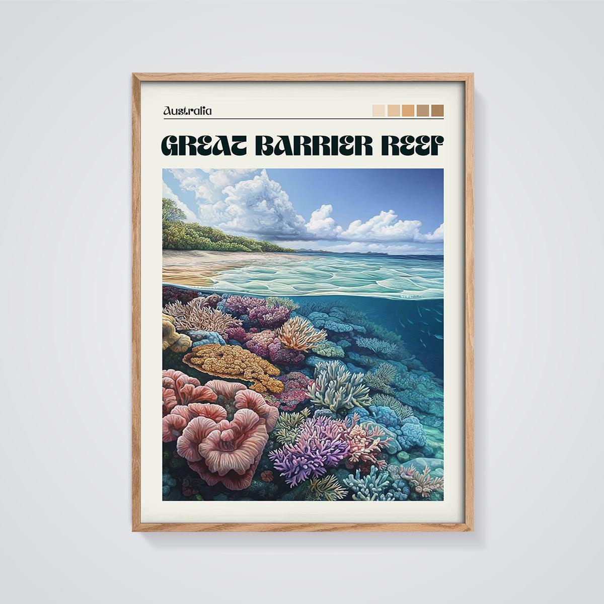 Australia Great Barrier Reef Print framed in oak on a grey background