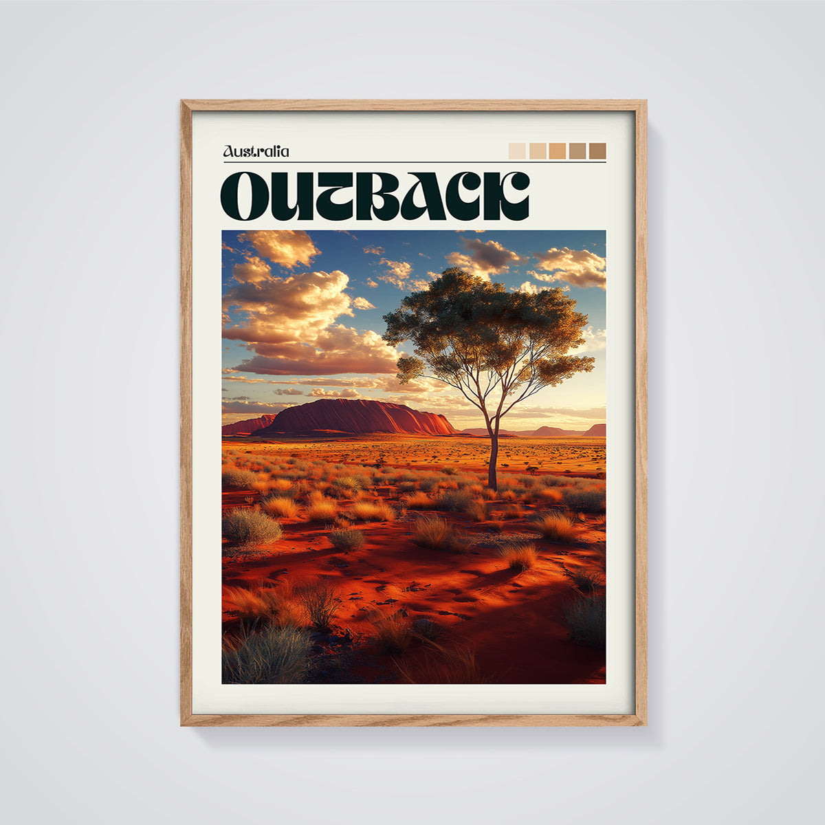 Australia Outback Uluru Sunset Print framed in oak on a grey background