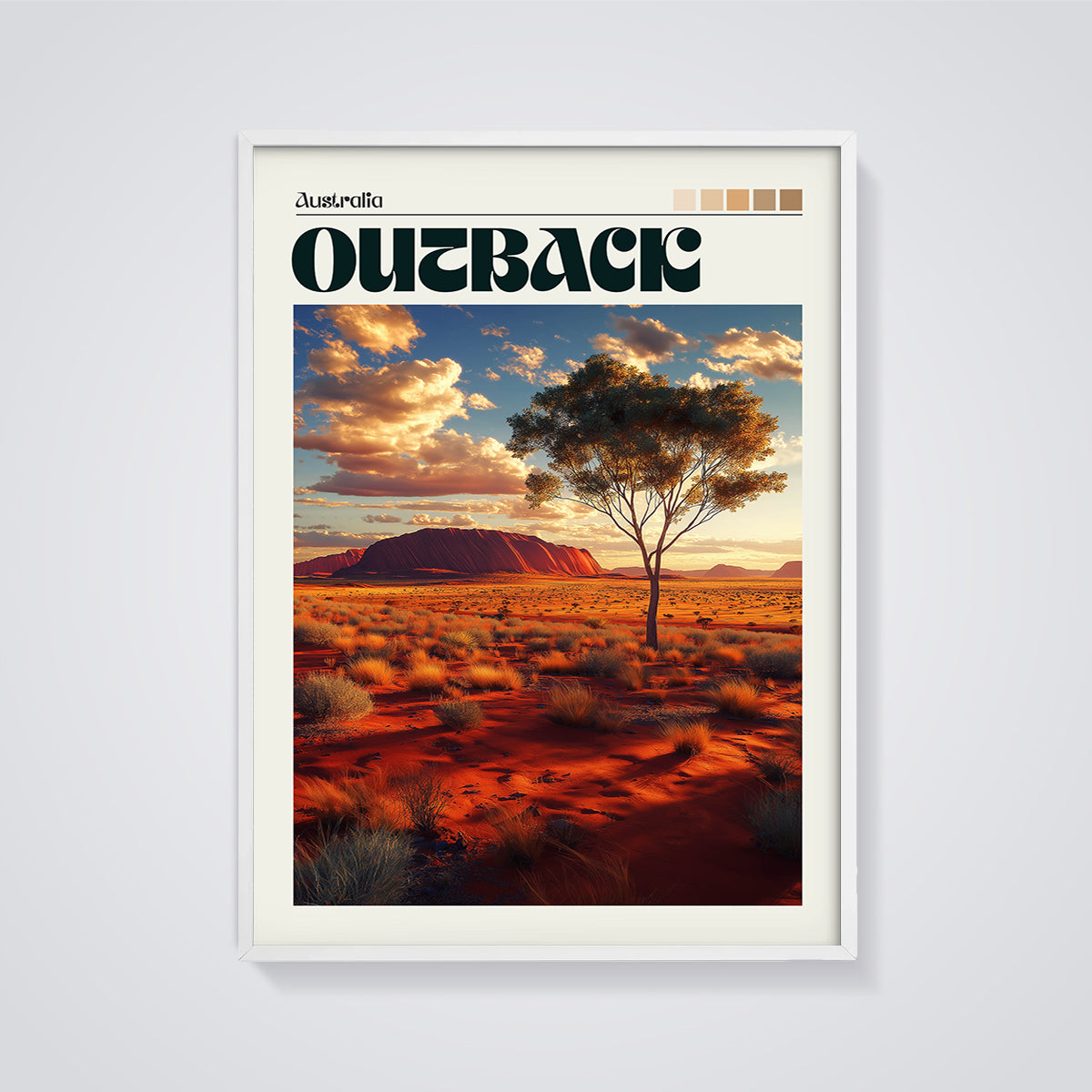 Australia Outback Uluru Sunset Print framed in white on a grey background