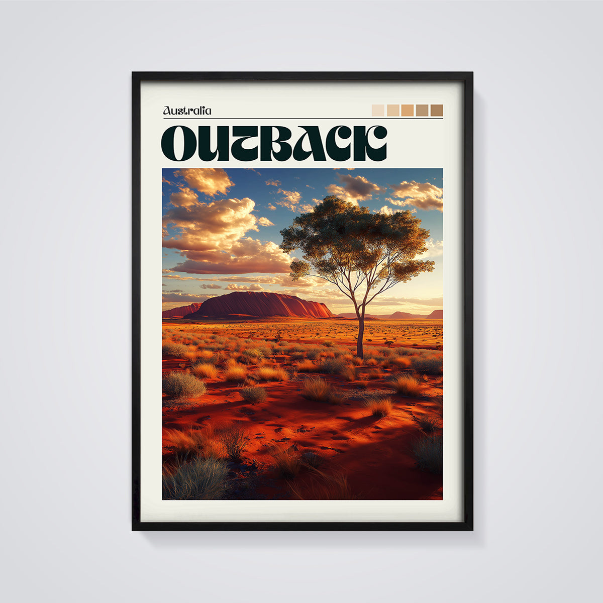 Australia Outback Uluru Sunset Print framed in black on a grey background