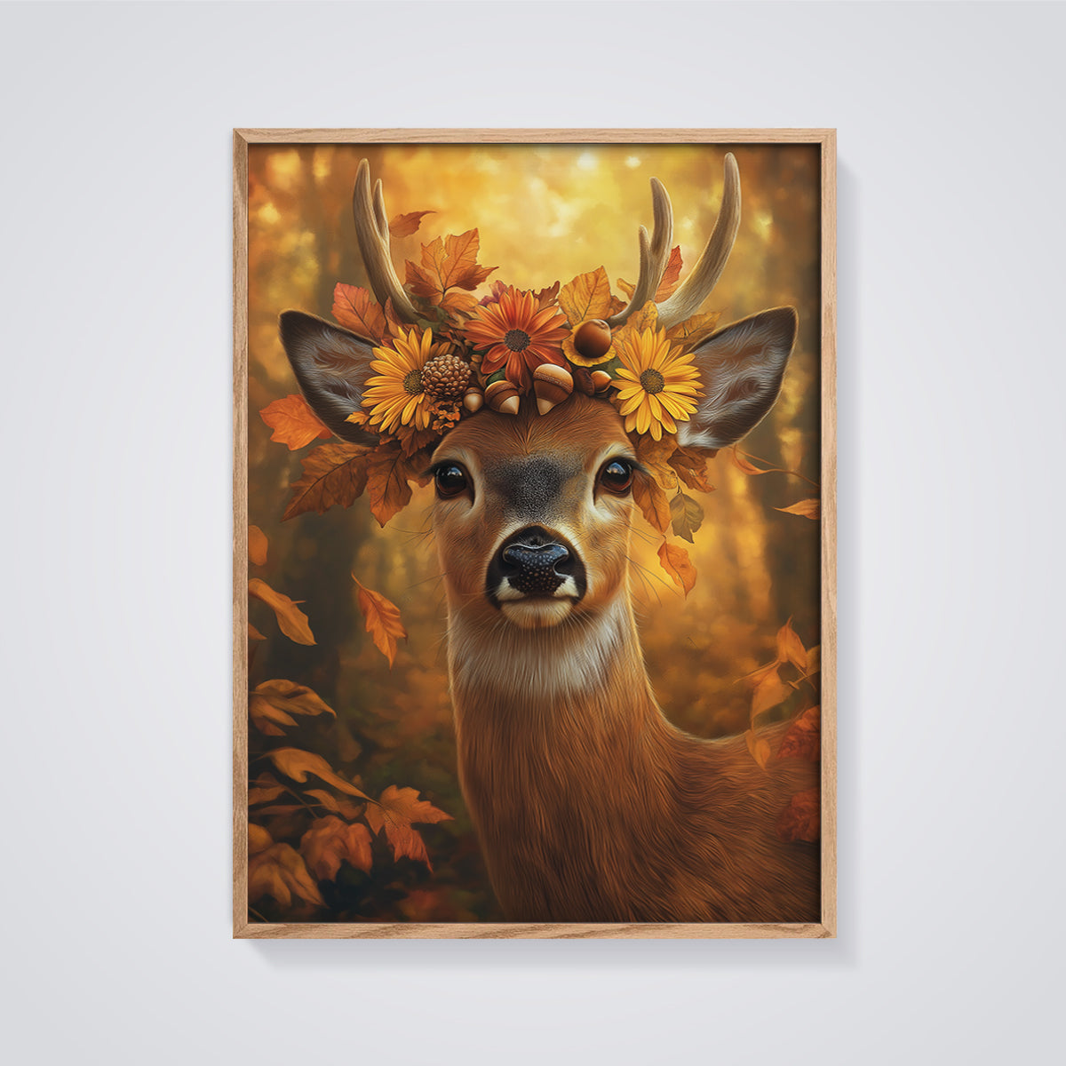 Autumn Deer Crown Print framed in oak on a grey background