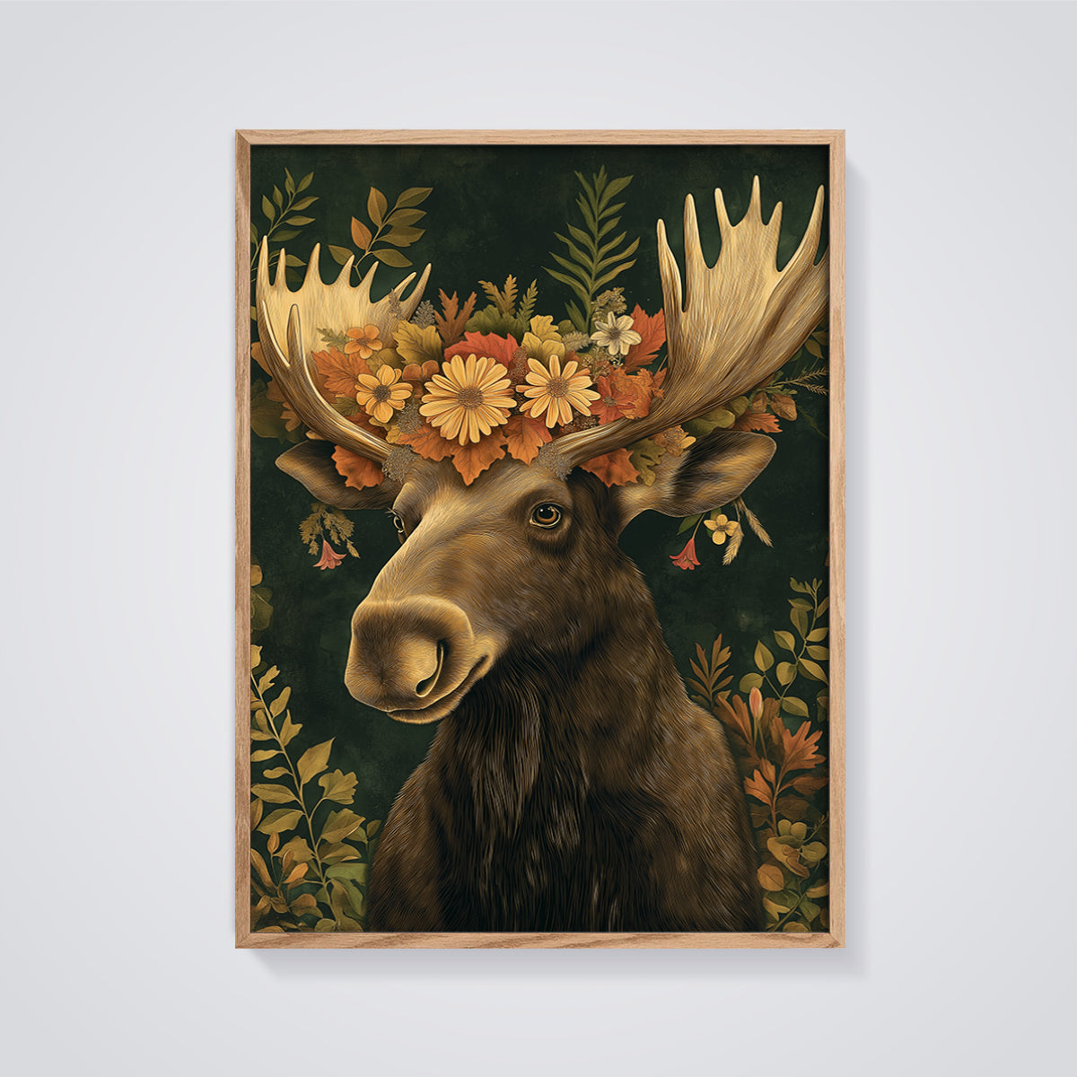 Autumn Floral Moose Print framed in oak on a grey background