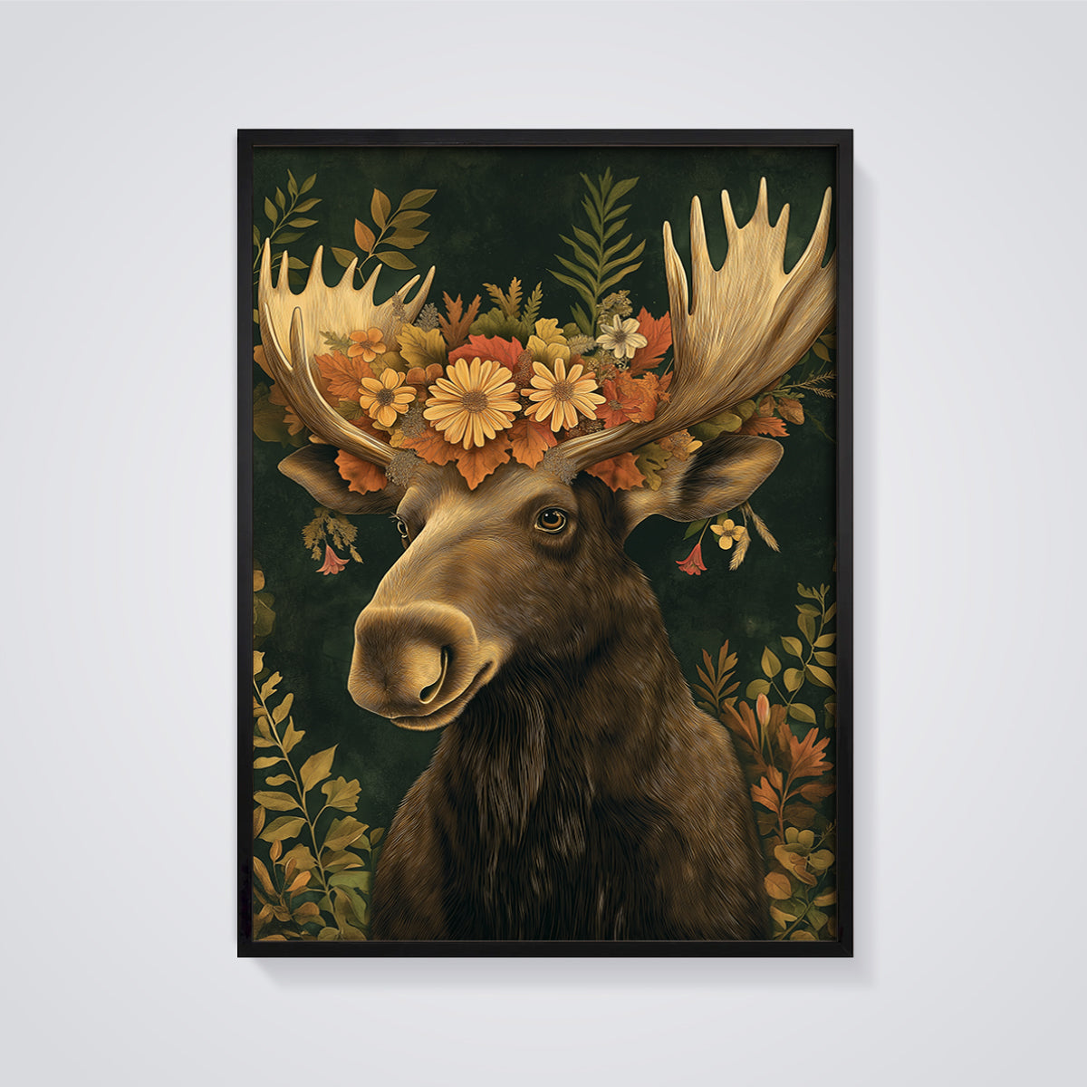 Autumn Floral Moose Print framed in black on a grey background