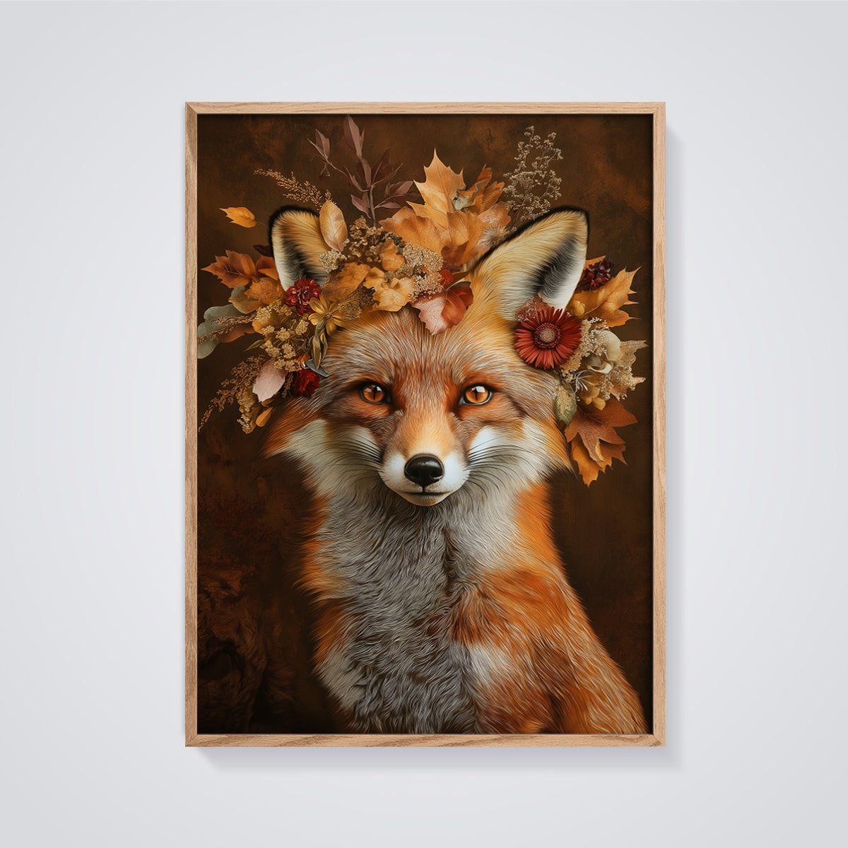 Autumn Fox Crown Print framed in oak on a grey background