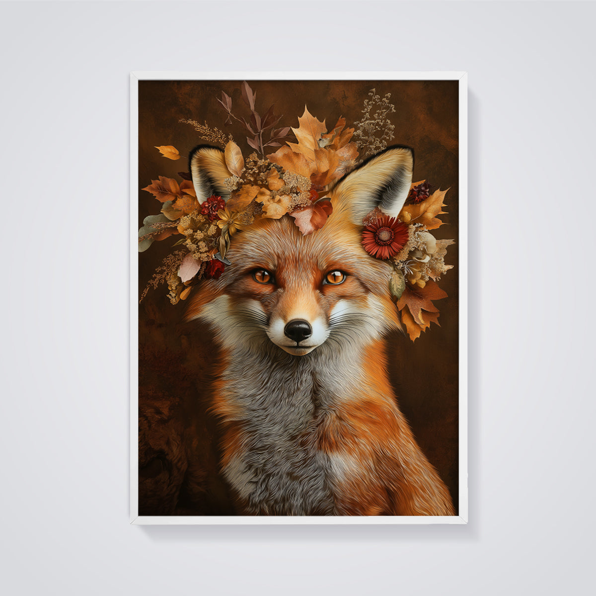 Autumn Fox Crown Print framed in white on a grey background