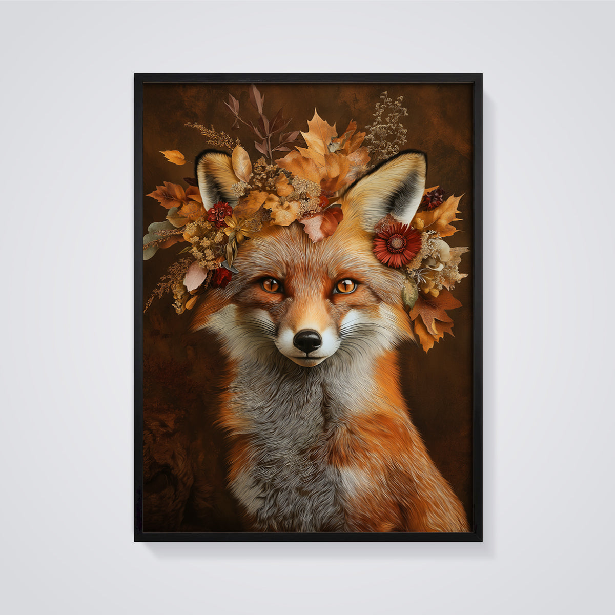 Autumn Fox Crown Print framed in black on a grey background