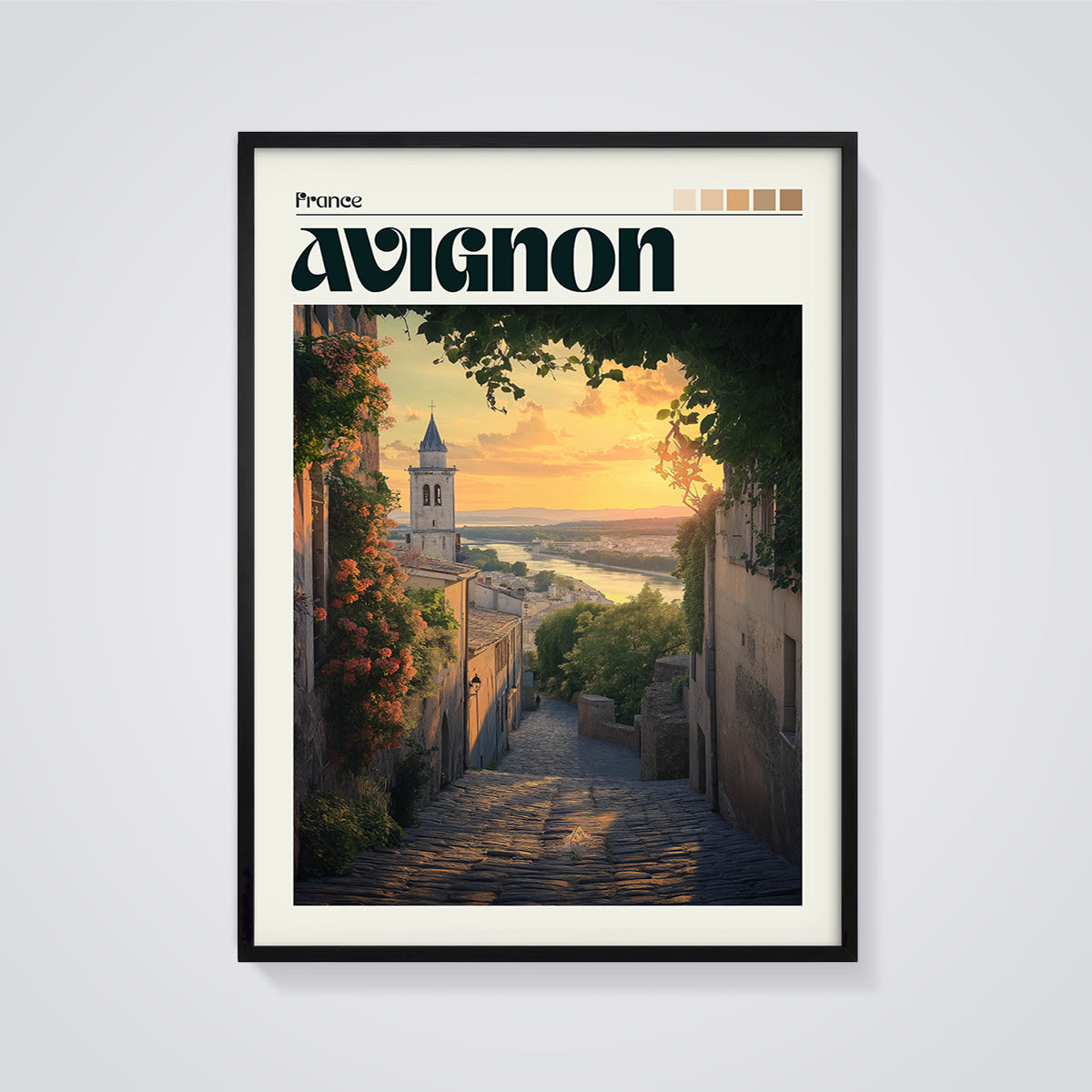 Avignon Sunset Street Print framed in black on a grey background
