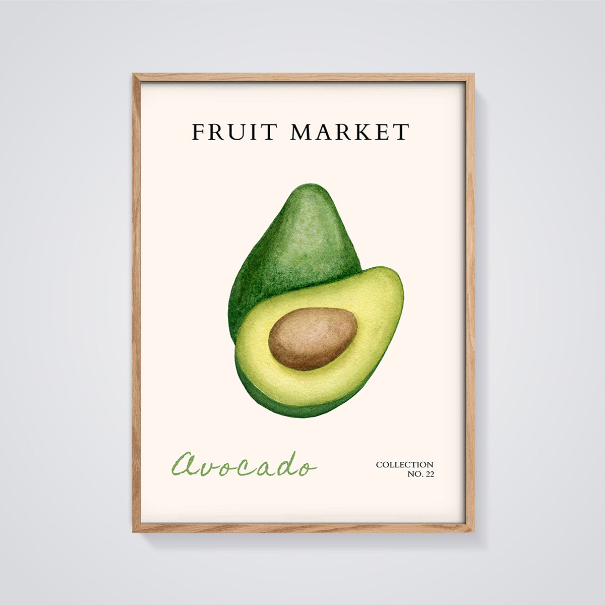 Avocado Fruit Market Print framed in oak on a grey background