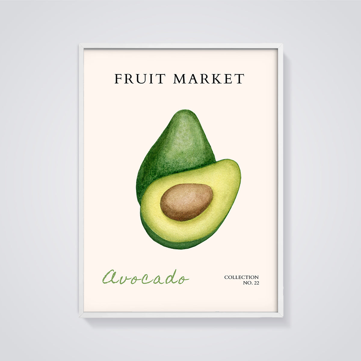 Avocado Fruit Market Print framed in white on a grey background