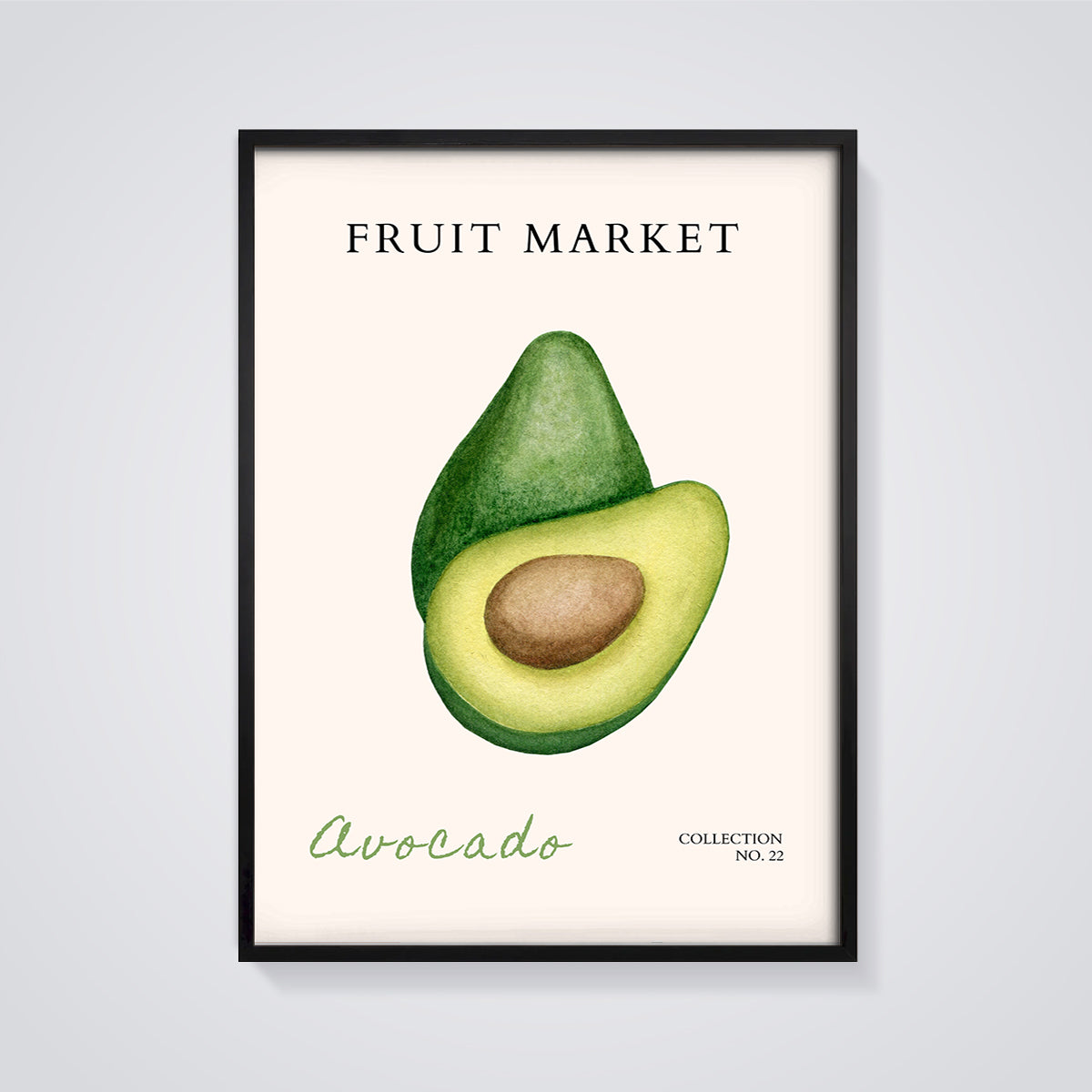 Avocado Fruit Market Print framed in black on a grey background