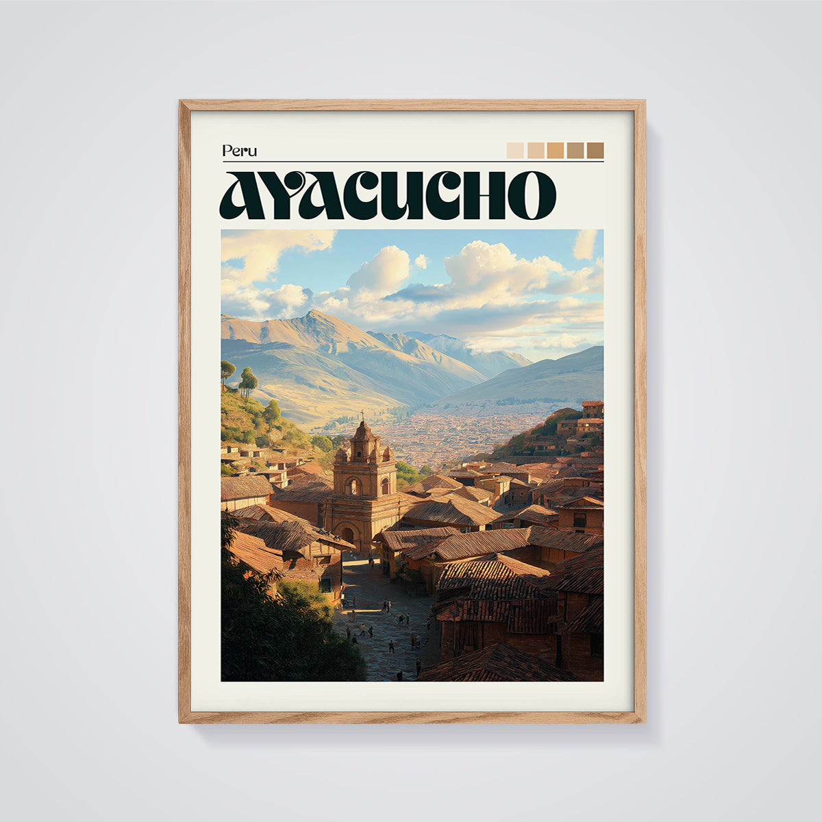 Ayacucho Peru Travel Print framed in oak on a grey background