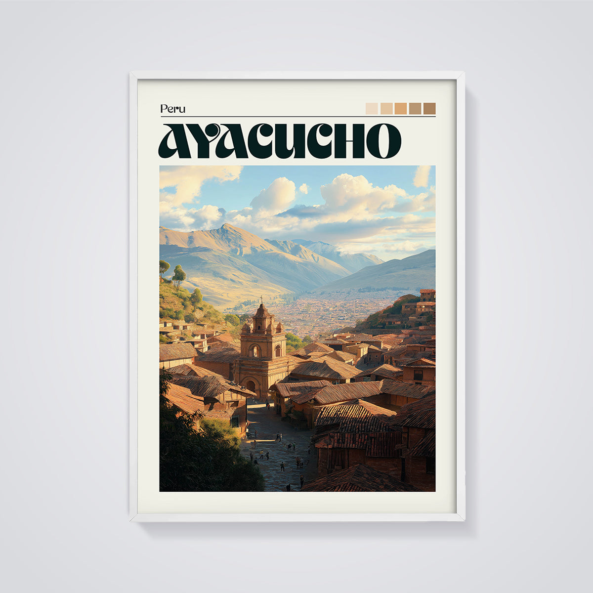 Ayacucho Peru Travel Print framed in white on a grey background