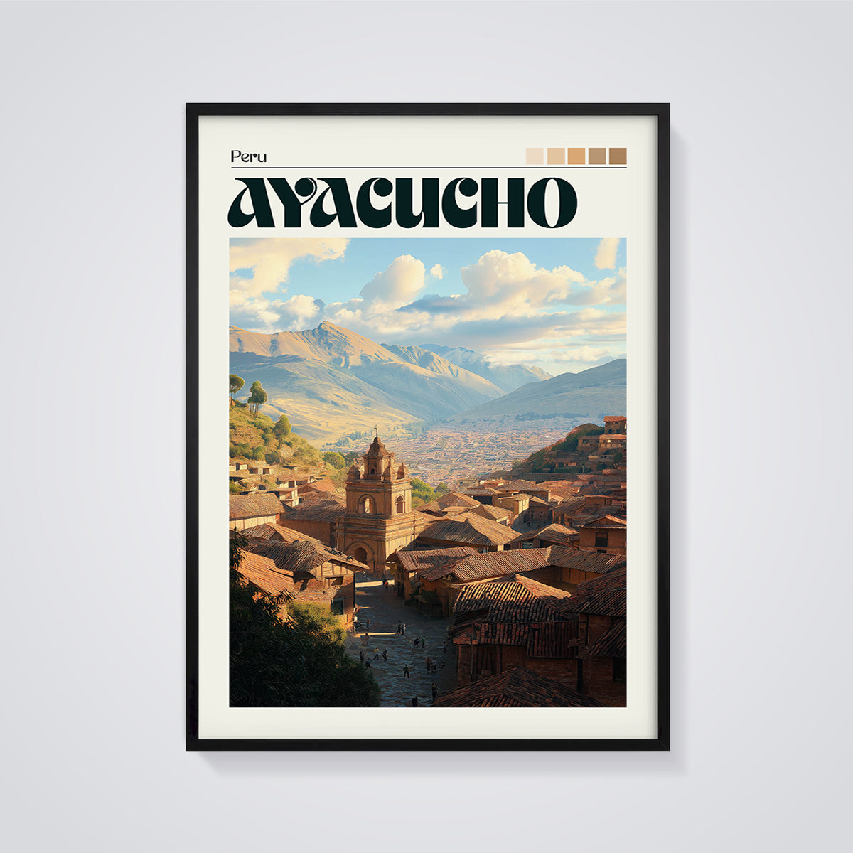 Ayacucho Peru Travel Print framed in black on a grey background