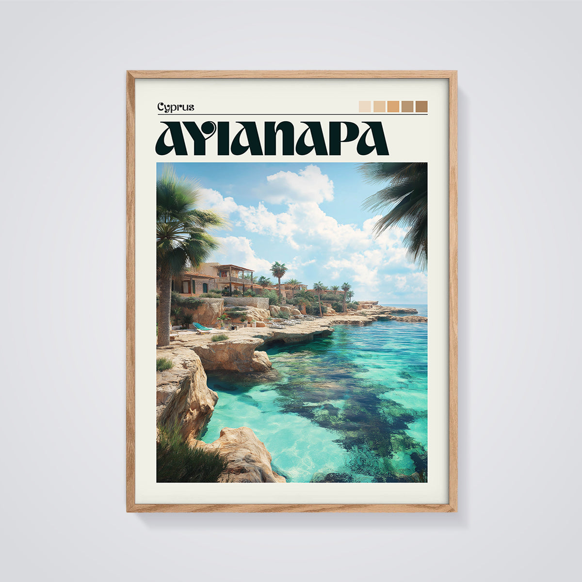 Ayia Napa Cyprus Coast Print framed in oak on a grey background