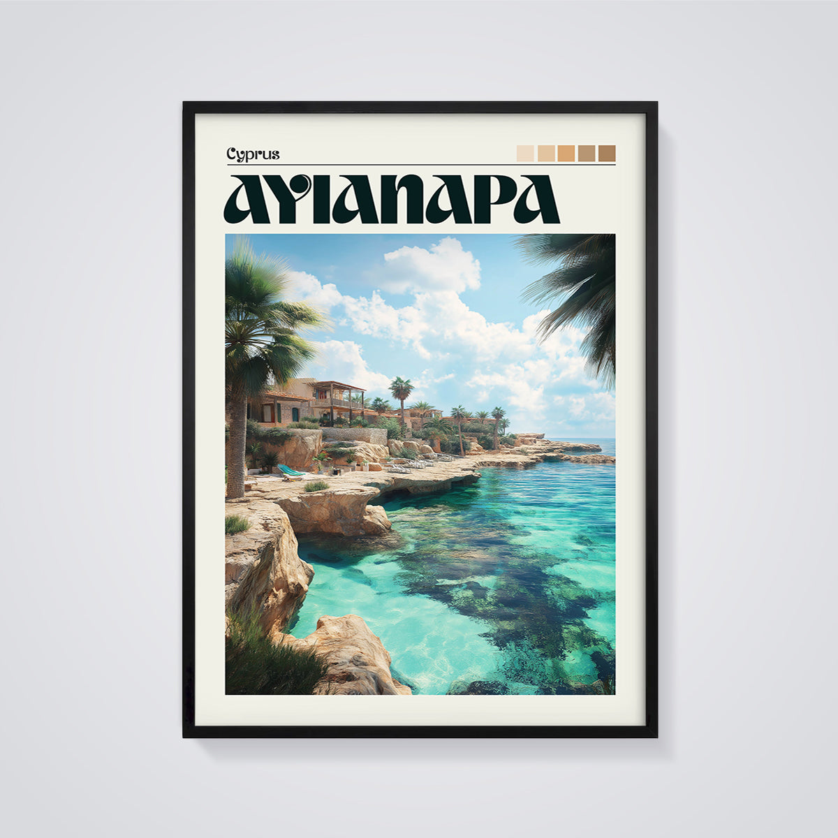 Ayia Napa Cyprus Coast Print framed in black on a grey background