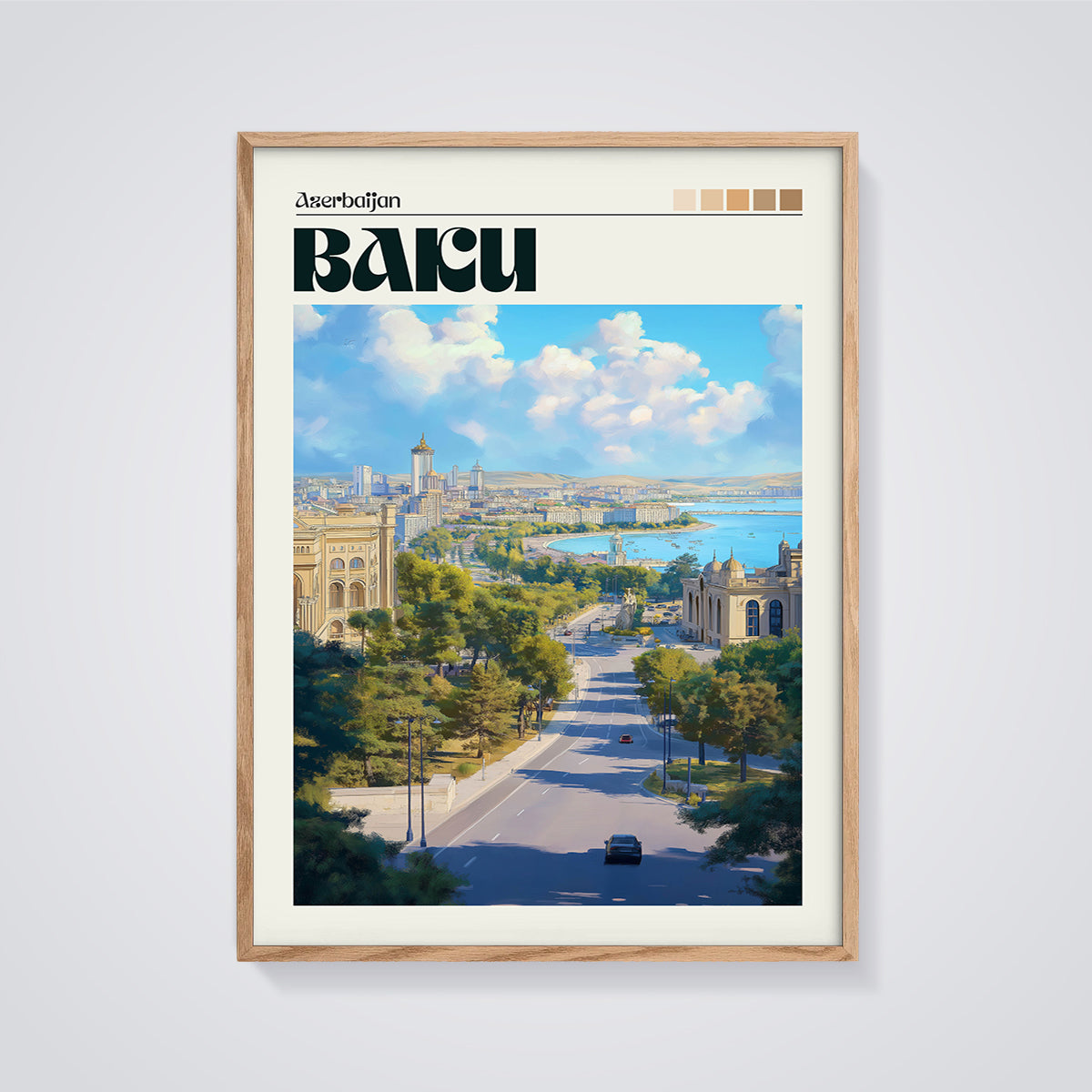 Azerbaijan Baku Cityscape Print framed in oak on a grey background