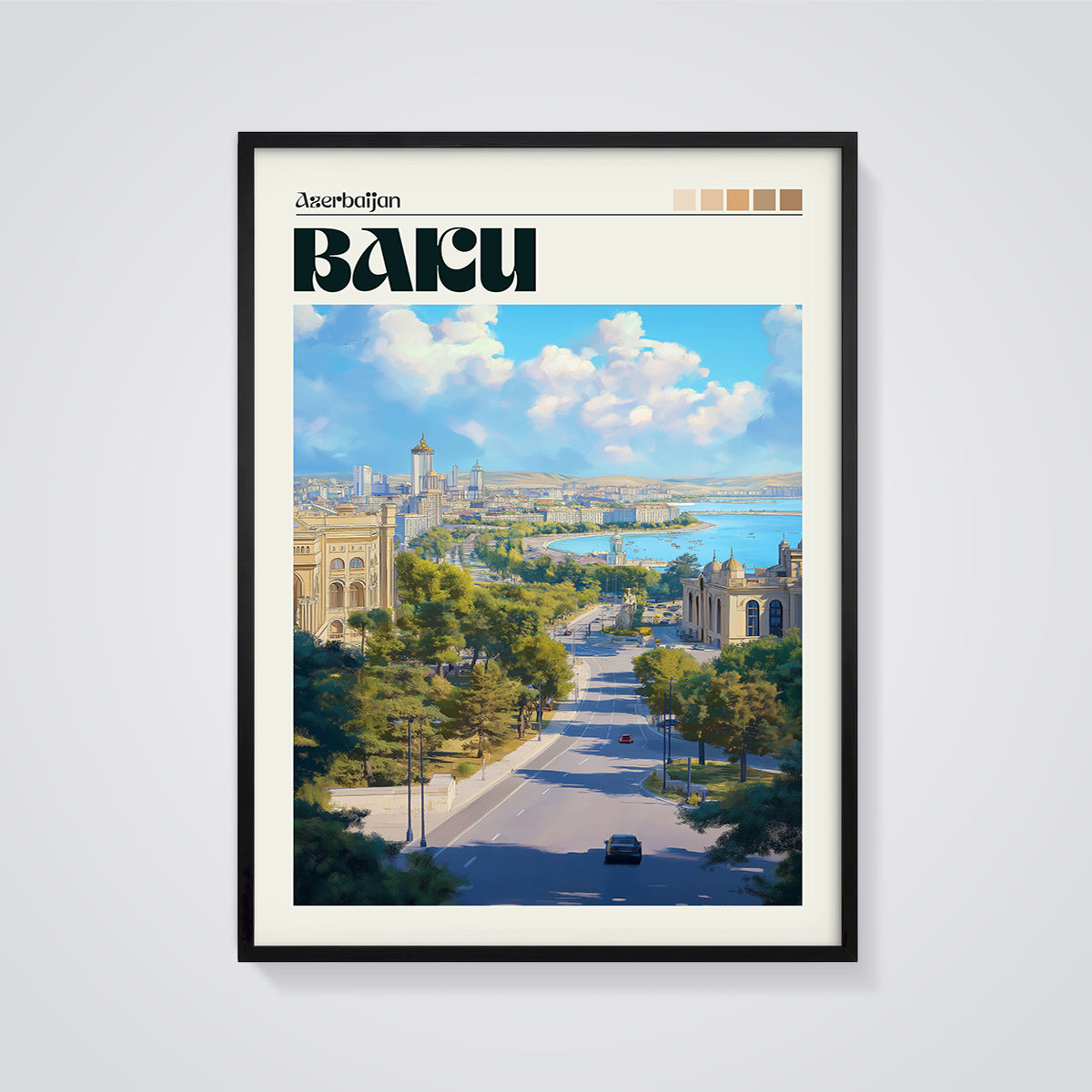 Azerbaijan Baku Cityscape Print framed in black on a grey background